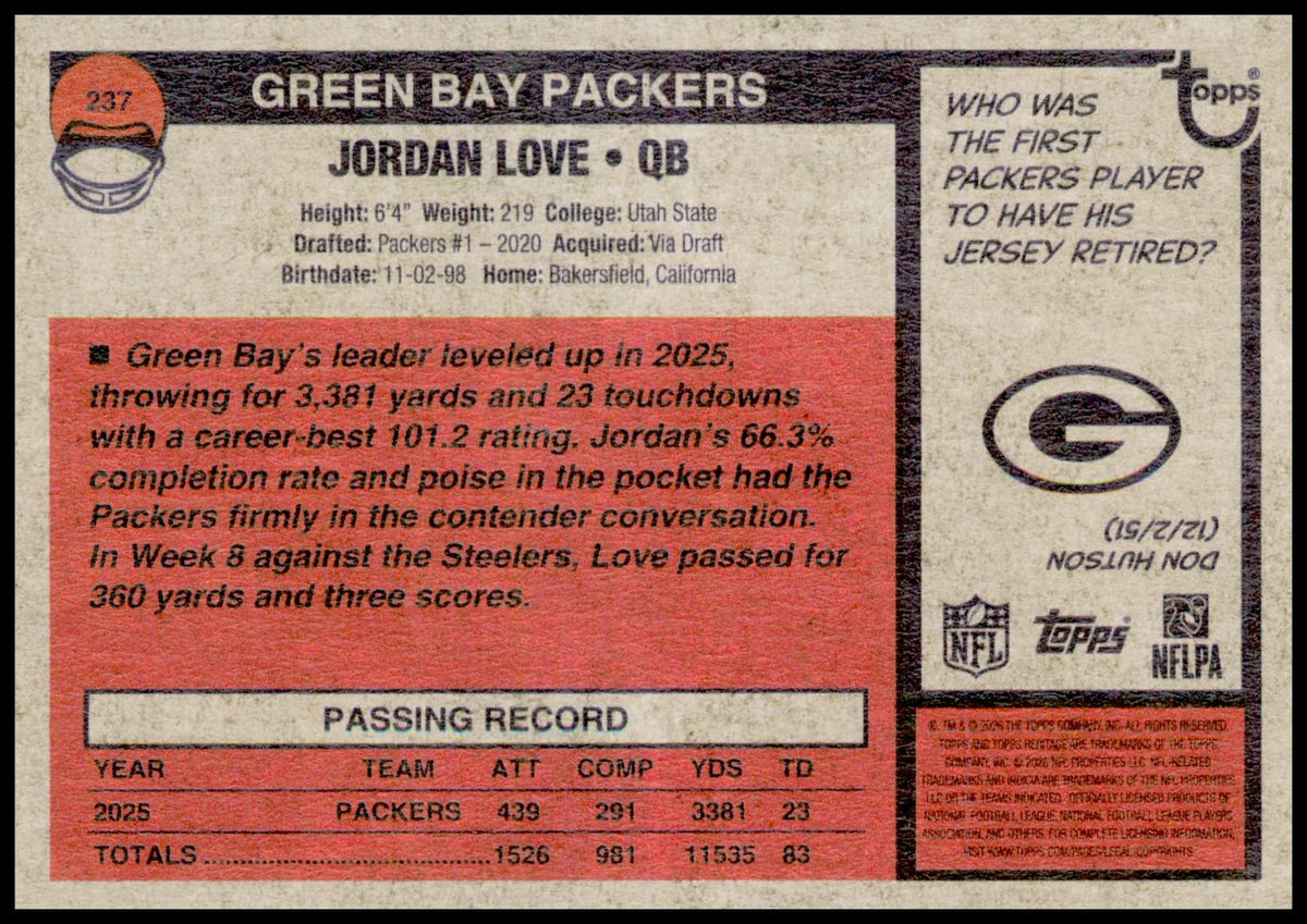 2026 Topps Heritage Jordan Love Card Green Bay Packers