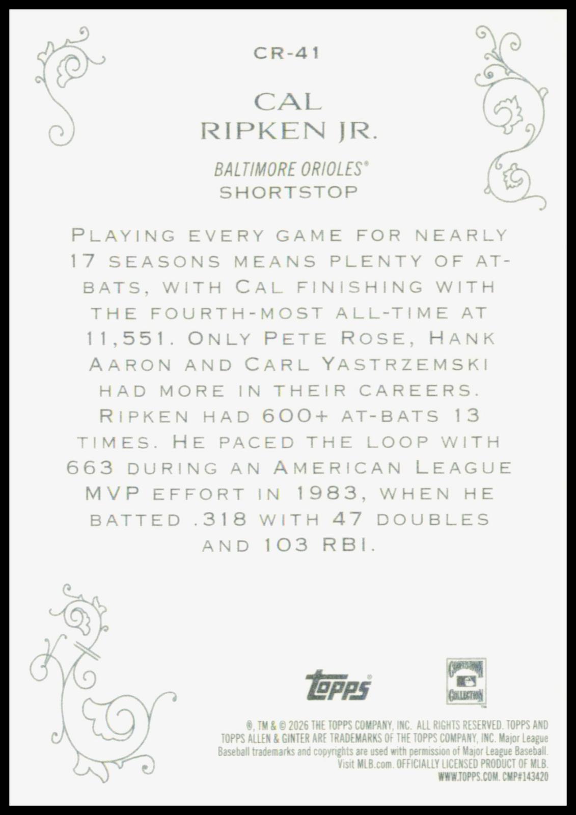 2026 Topps Allen & Ginter Cal Ripken Jr. Card Career 250 HOF Baltimore Orioles