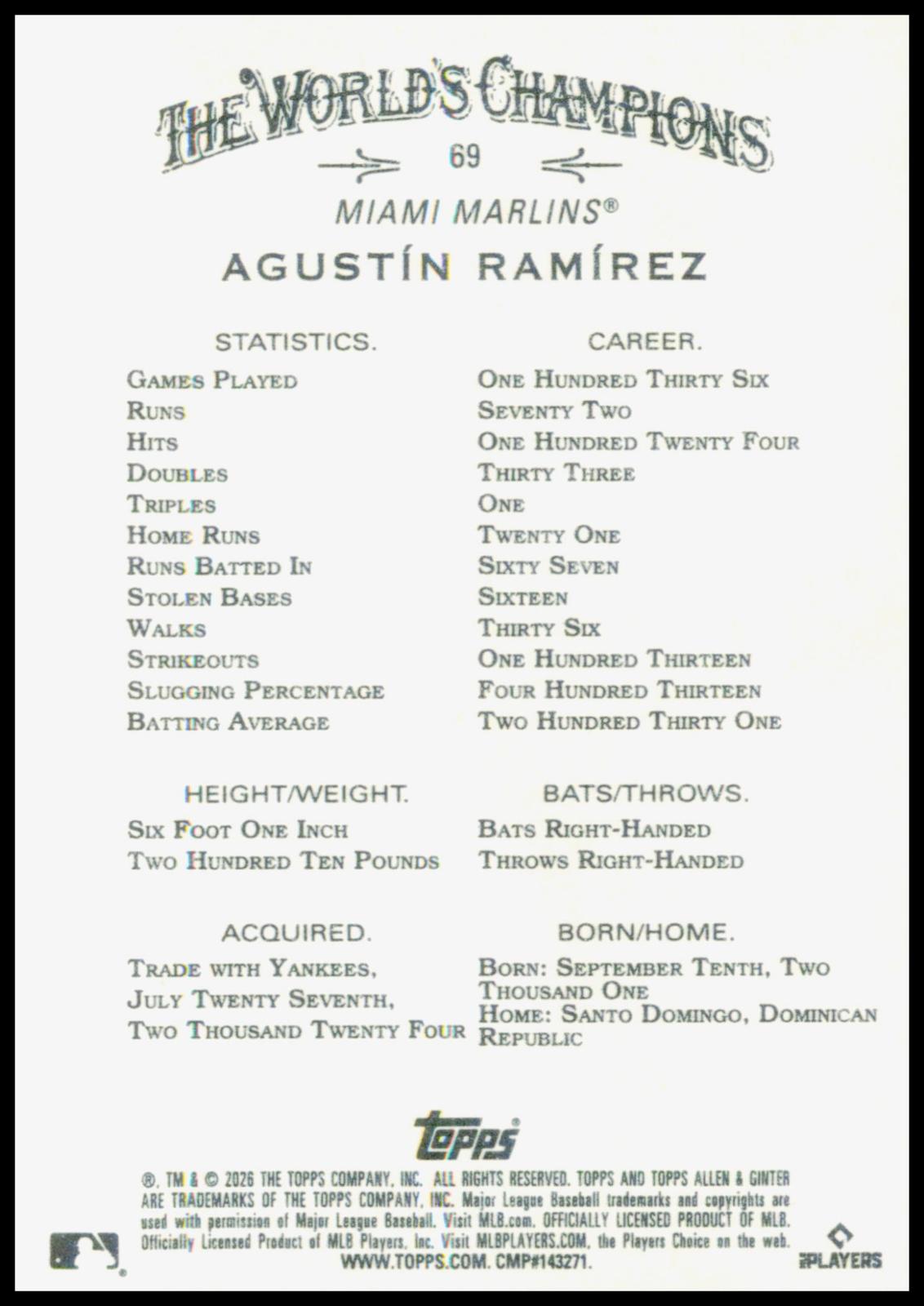 2026 Topps Allen & Ginter Agustín Ramírez Card Miami Marlins