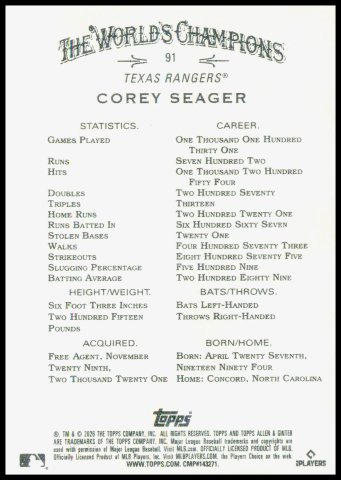 2026 Topps Allen & Ginter Corey Seager Card Texas Rangers