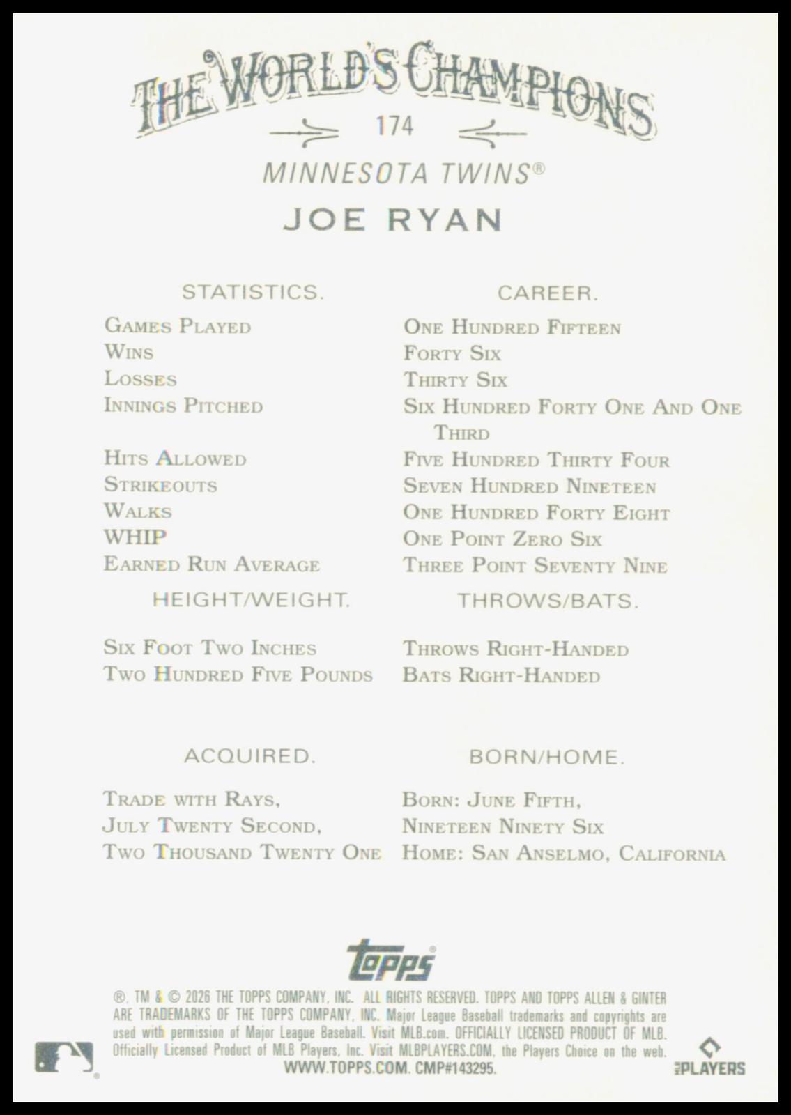 2026 Topps Allen & Ginter Joe Ryan Card Minnesota Twins