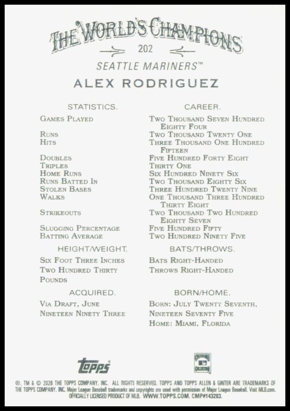 2026 Topps Allen & Ginter Alex Rodriguez Card Seattle Mariners