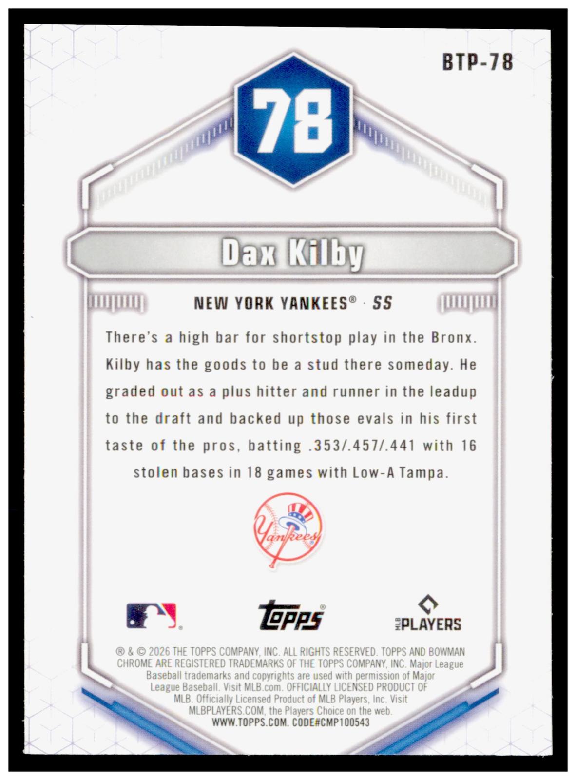 2026 Bowman Dax Kilby Card Bowman Scouts' Top 100 New York Yankees