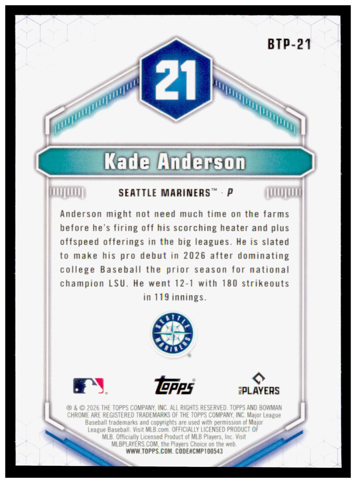 2026 Bowman Kade Anderson Card Bowman Scouts' Top 100 Seattle Mariners