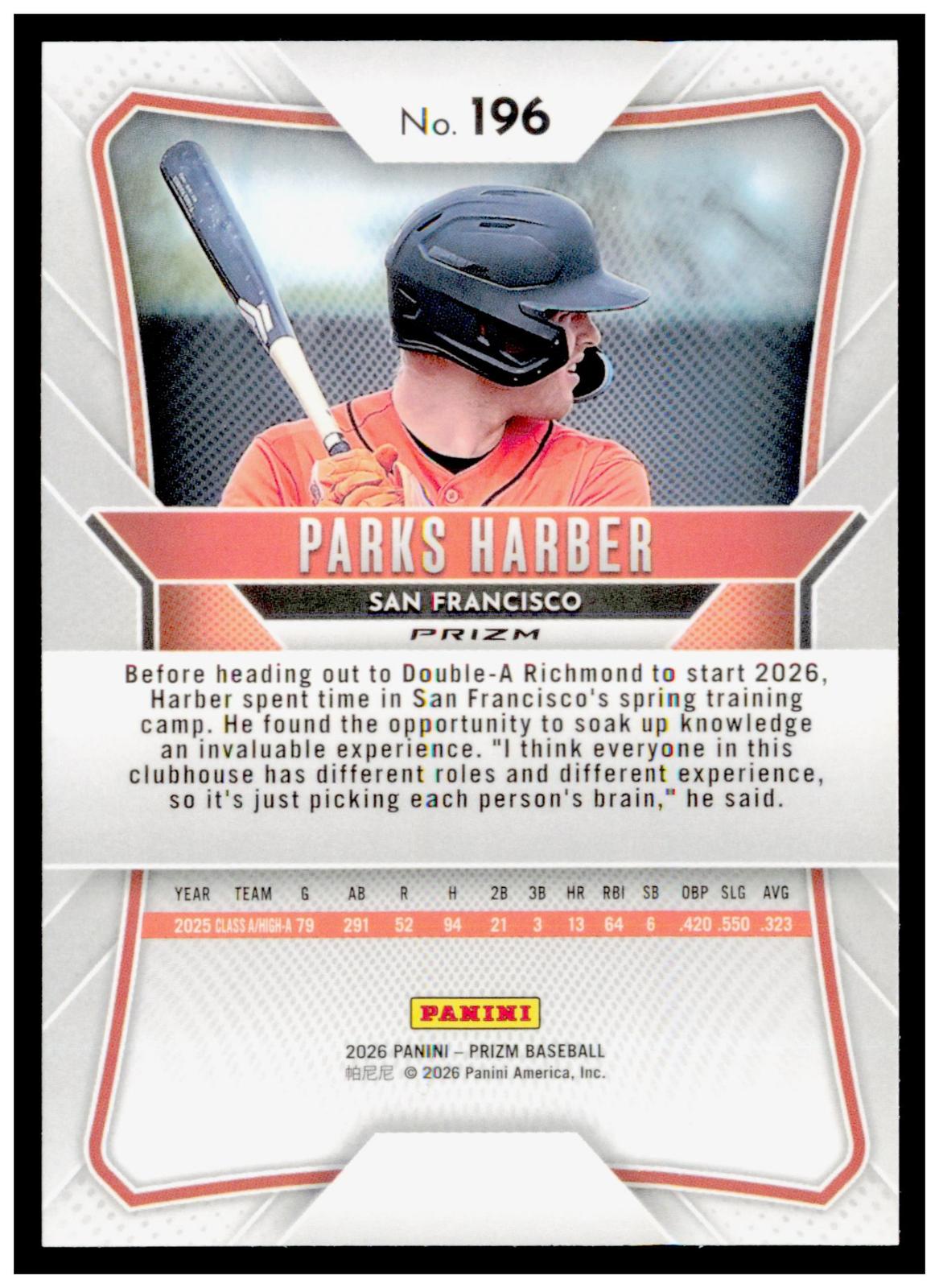 2026 Panini Prizm Parks Harber Card Pink Ice Prizm San Francisco Giants