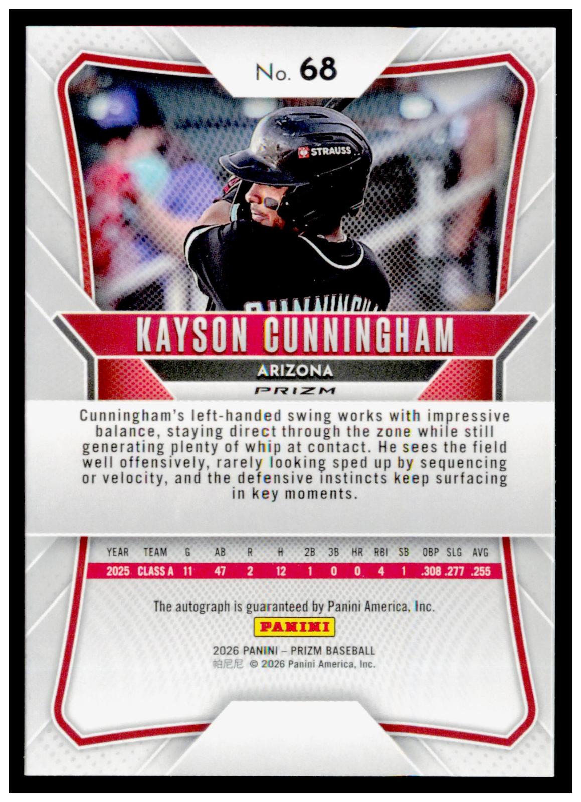 2026 Panini Prizm Baseball Kayson Cunningham Green Prizm Auto #68 Arizona SP