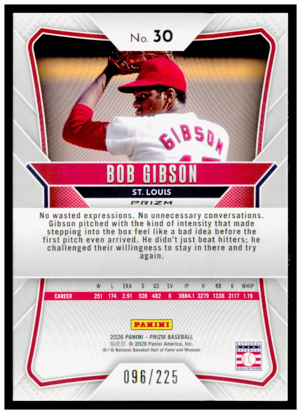 2026 Panini Prizm Bob Gibson Card Teal Ice Prizm SN, HOF #/225 Cardinals