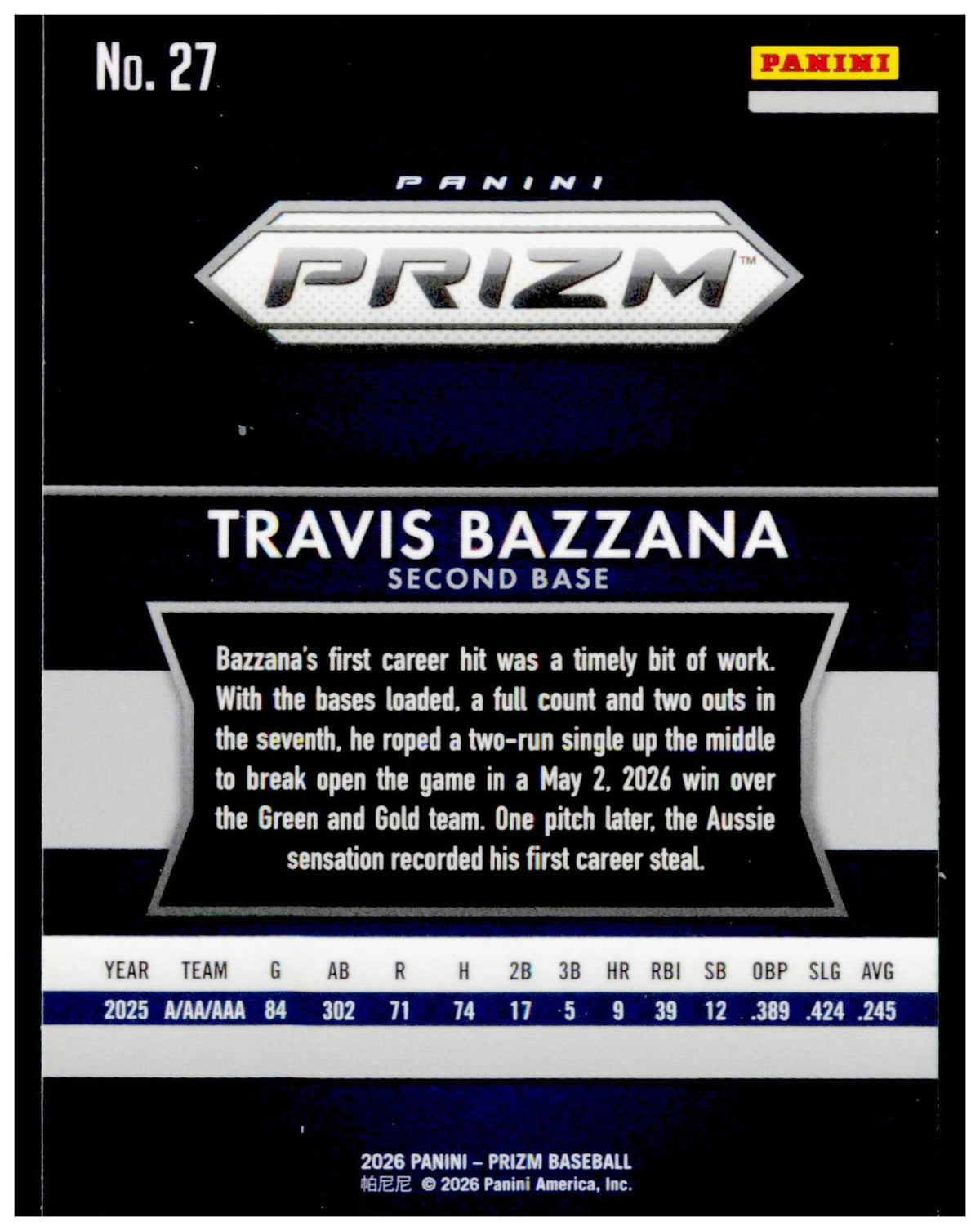 2026 Panini Prizm Travis Bazzana Card Throwback Cleveland Guardians