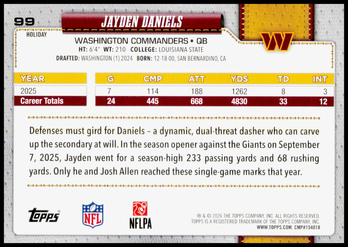 2026 Topps Holiday Jayden Daniels Card Washington Commanders