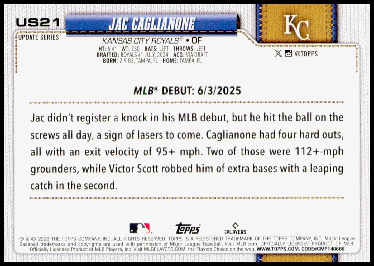 2026 Topps Update Jac Caglianone Card Diamante Foil Kansas City Royals