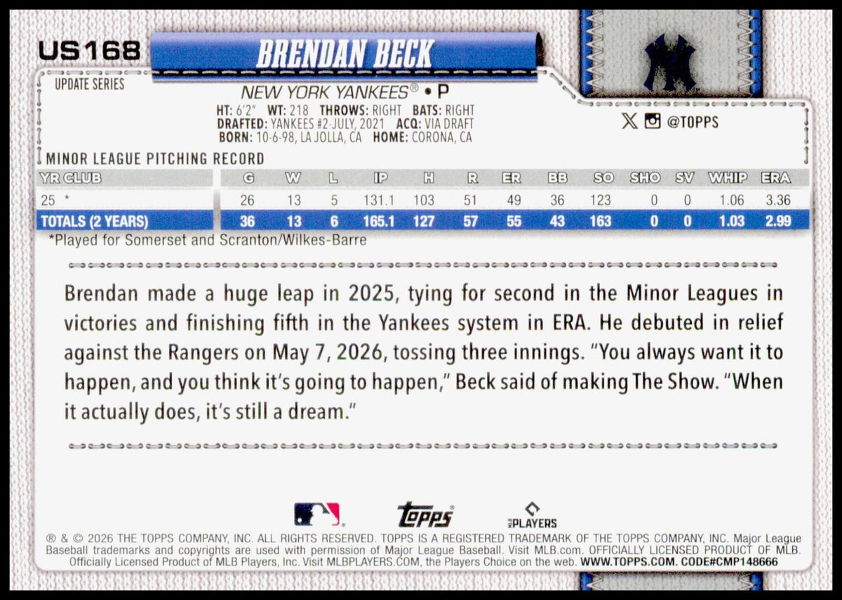 2026 Topps Update Brendan Beck Card Holo Foil RC New York Yankees