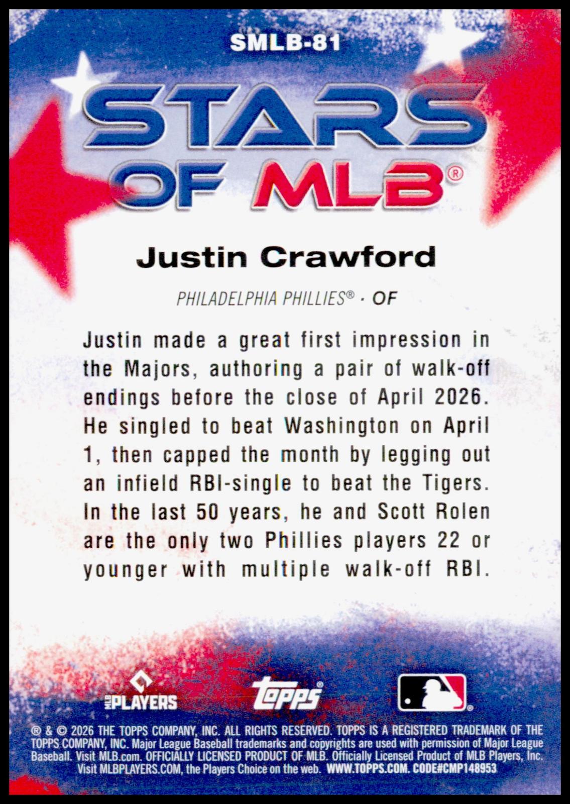 2026 Topps Update Justin Crawford Card Stars of MLB Philadelphia Phillies