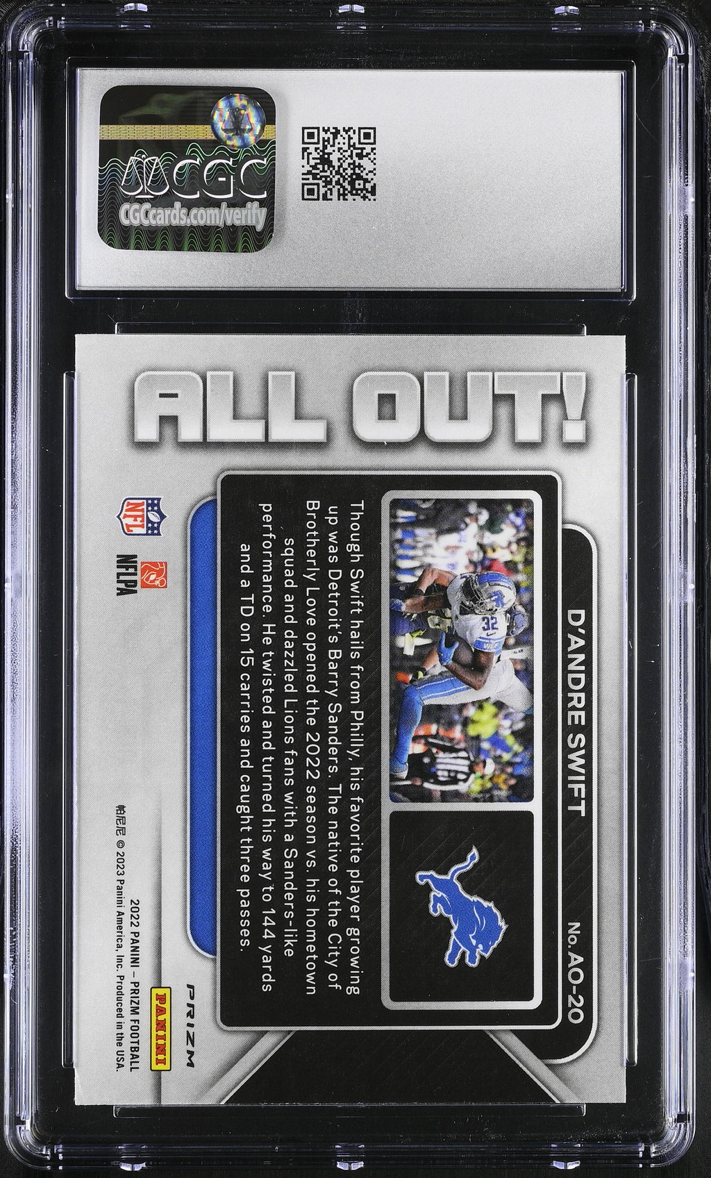 2022 Panini Prizm D'Andre Swift All Out! No Huddle Disco Prizm #AO-20 CGC 9 Mint