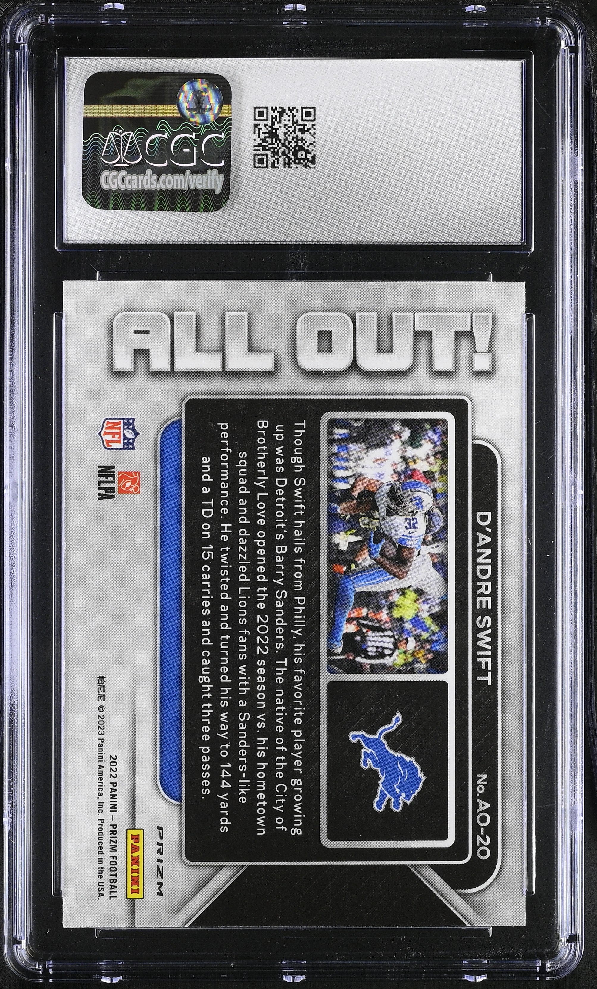2022 Panini Prizm D'Andre Swift All Out! No Huddle Disco Prizm #AO-20 CGC 9 Mint