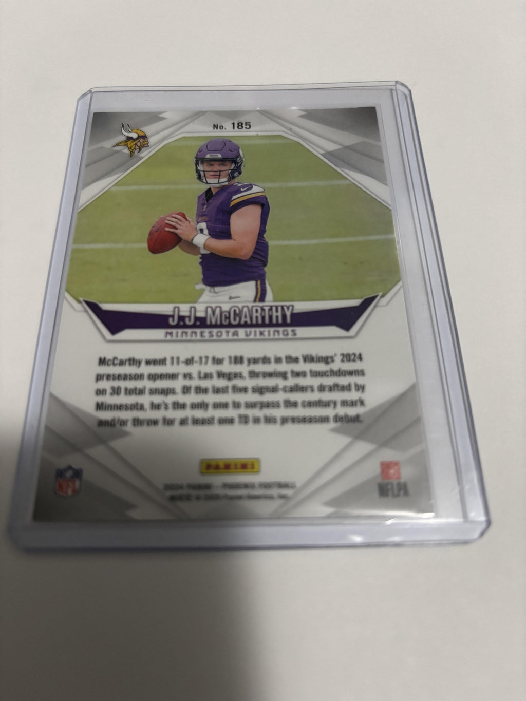 2024 Panini Phoenix J.J. McCarthy #185 RC Rookie Vikings Base Card