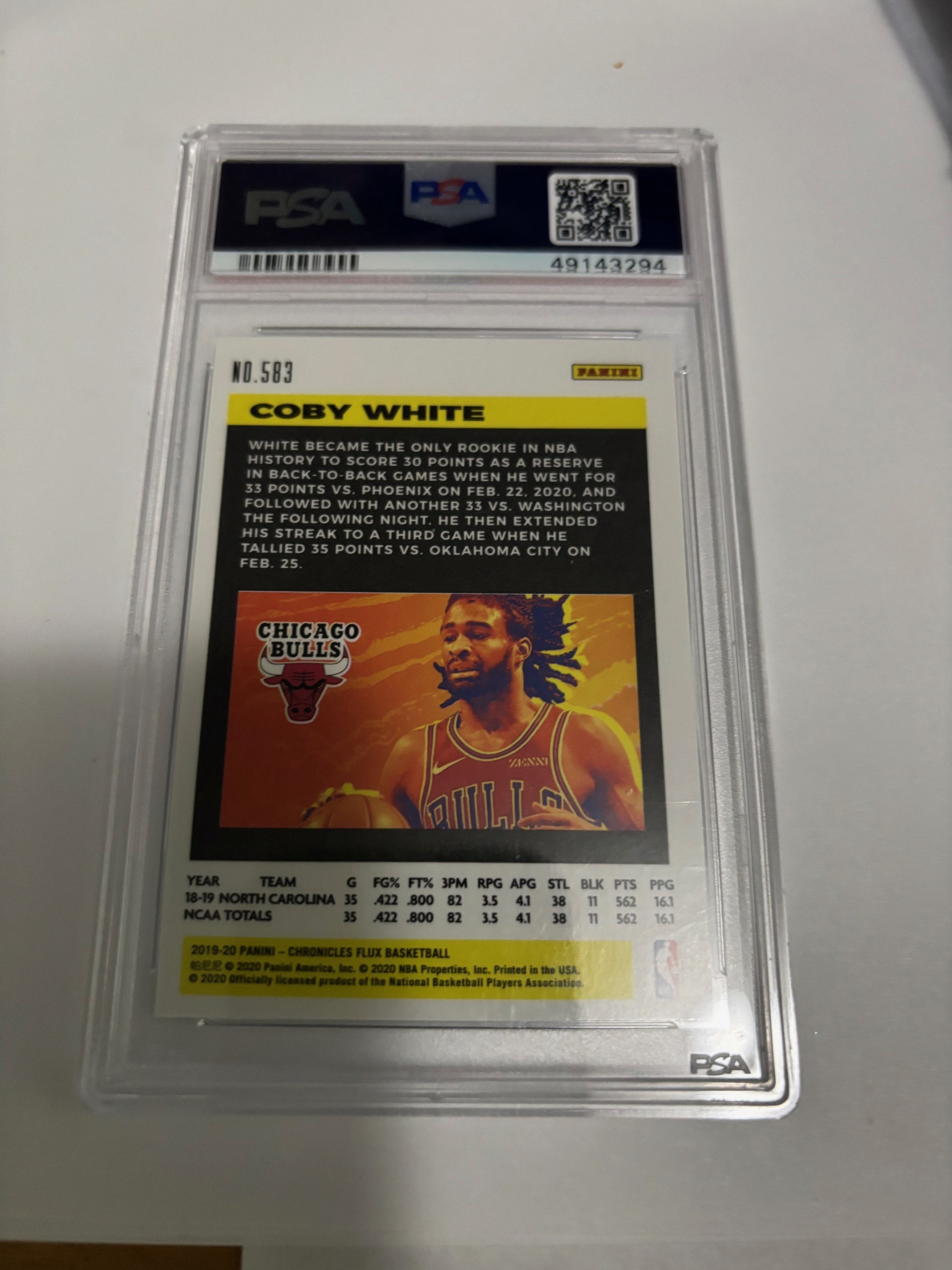 2019 Panini Chronicles Flux Coby White RC #583 Rookie Card PSA 10 Gem Mint