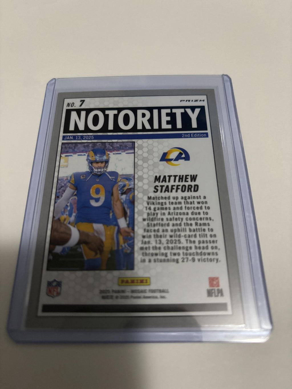 2025 Panini Mosaic Matthew Stafford #7 Notoriety Pink Prizm Rams Insert