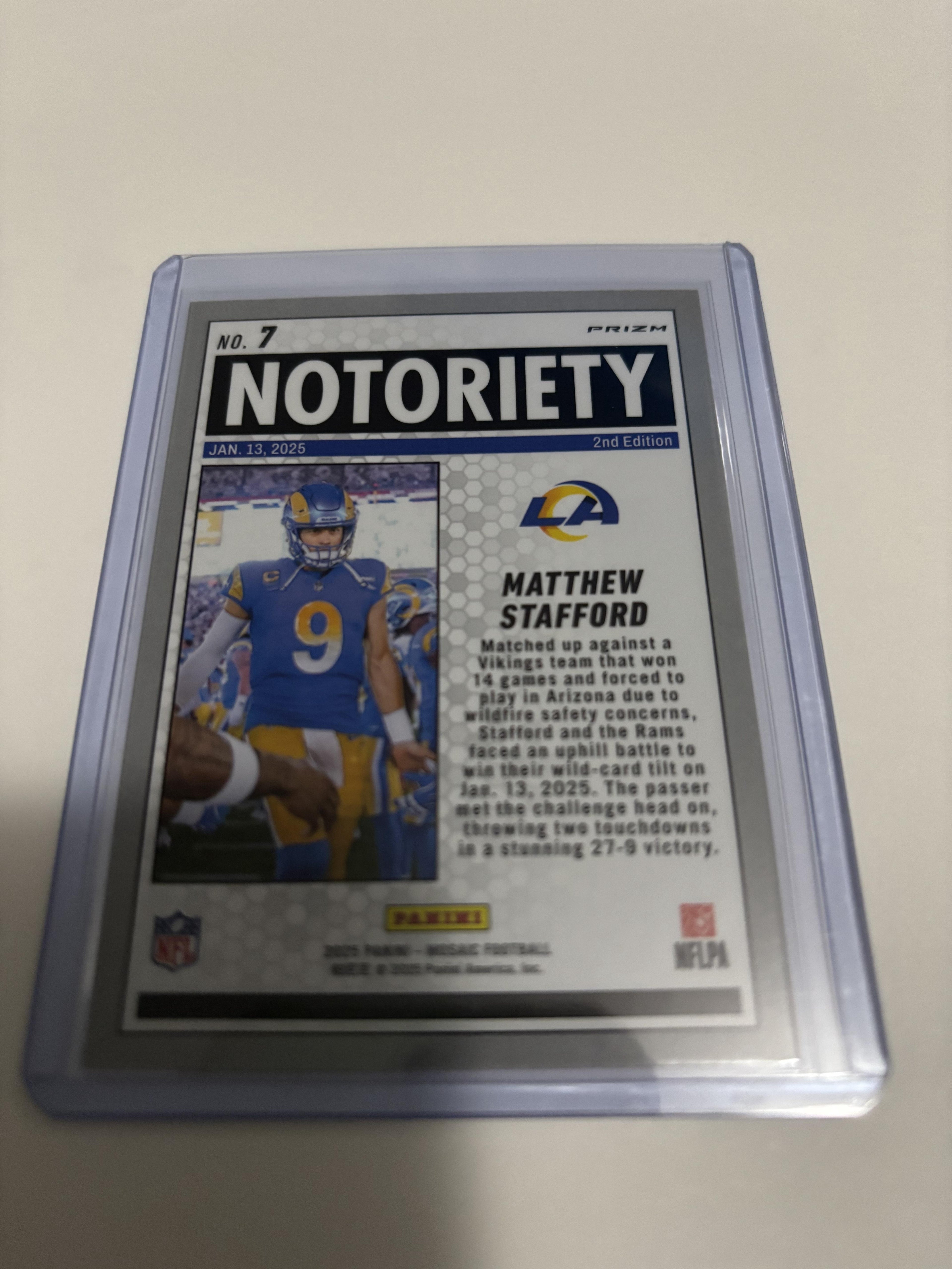 2025 Panini Mosaic Matthew Stafford #7 Notoriety Pink Prizm Rams Insert