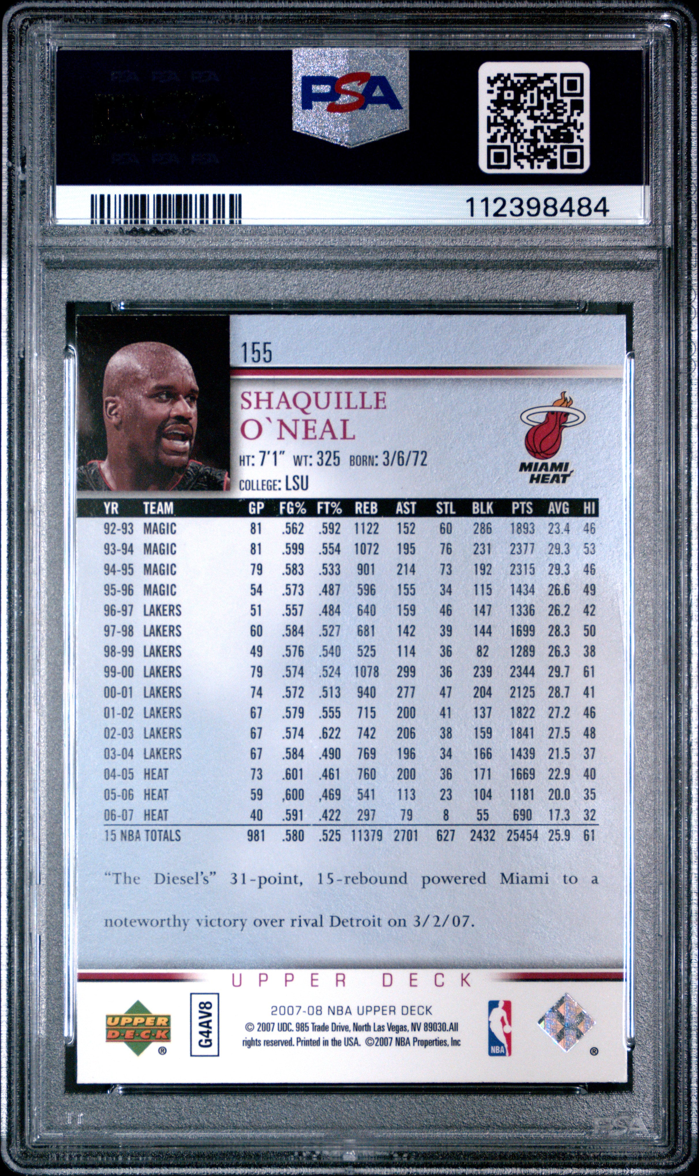 2007 Upper Deck Shaquille O'Neal #155 Championship Court PSA 10 GEM MINT Heat