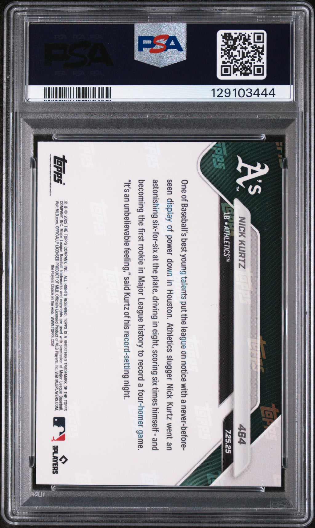 2025 Topps Now Nick Kurtz RC #464 PSA 10 GEM MT 1st Rookie 4 HR Game Athletics