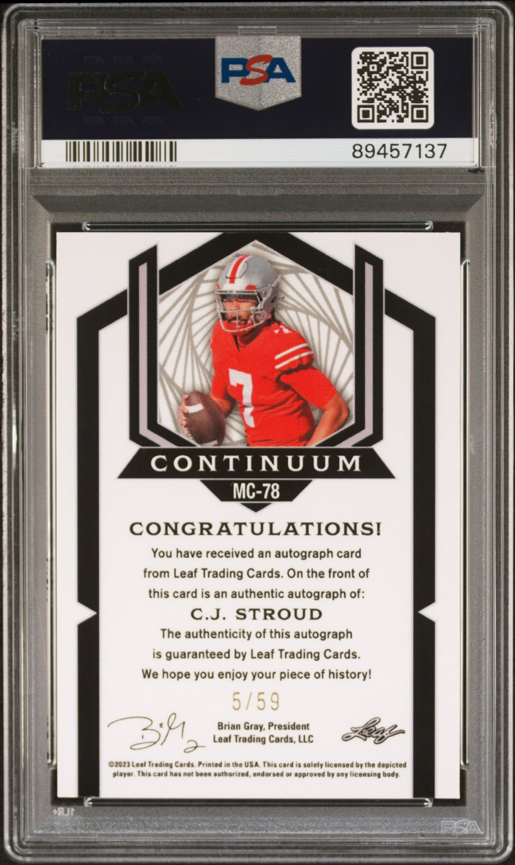 2023 Leaf Metal C.J. Stroud Continuum Auto /59 PSA 9 Mint 10 Auto RC Ohio State