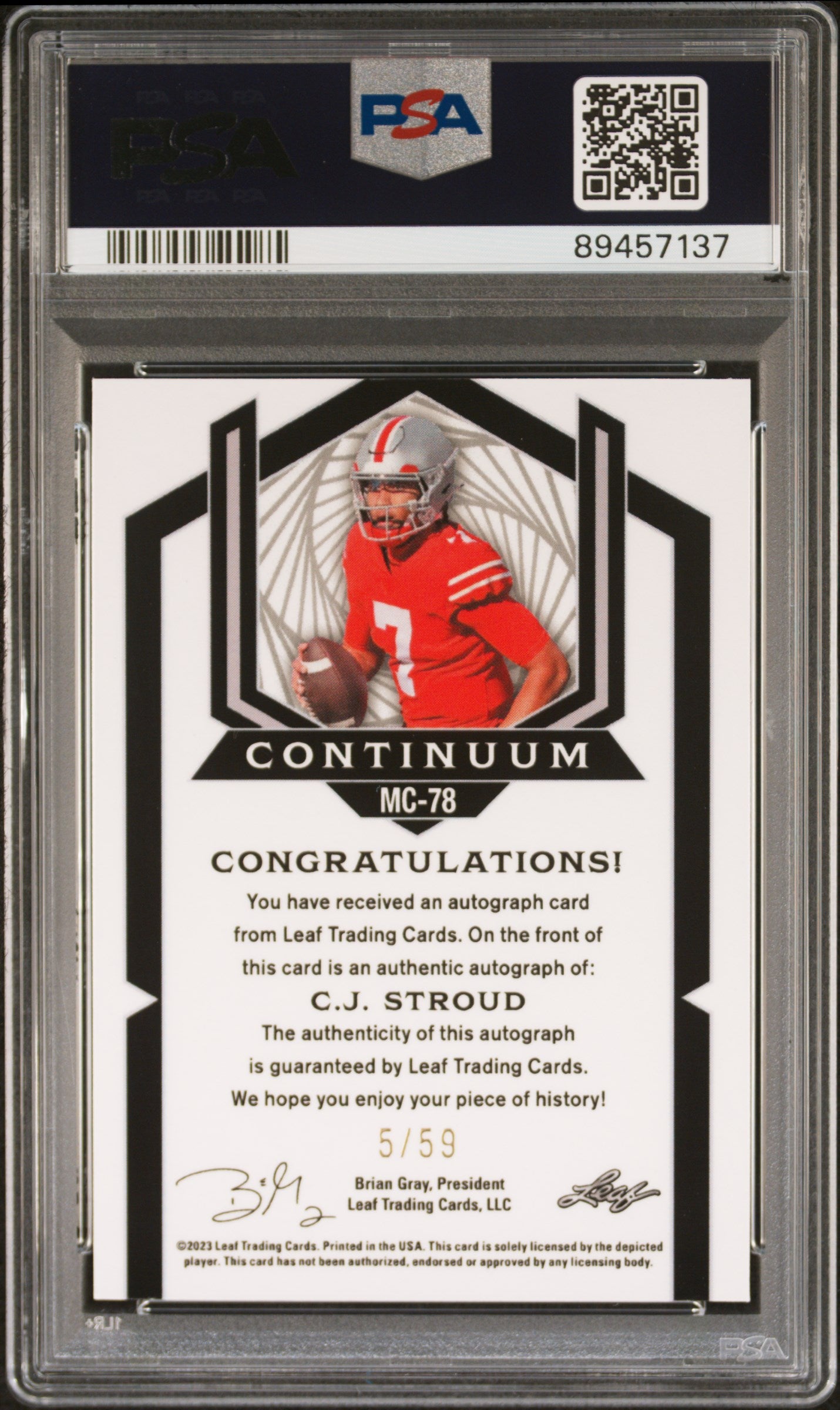 2023 Leaf Metal C.J. Stroud Continuum Auto /59 PSA 9 Mint 10 Auto RC Ohio State