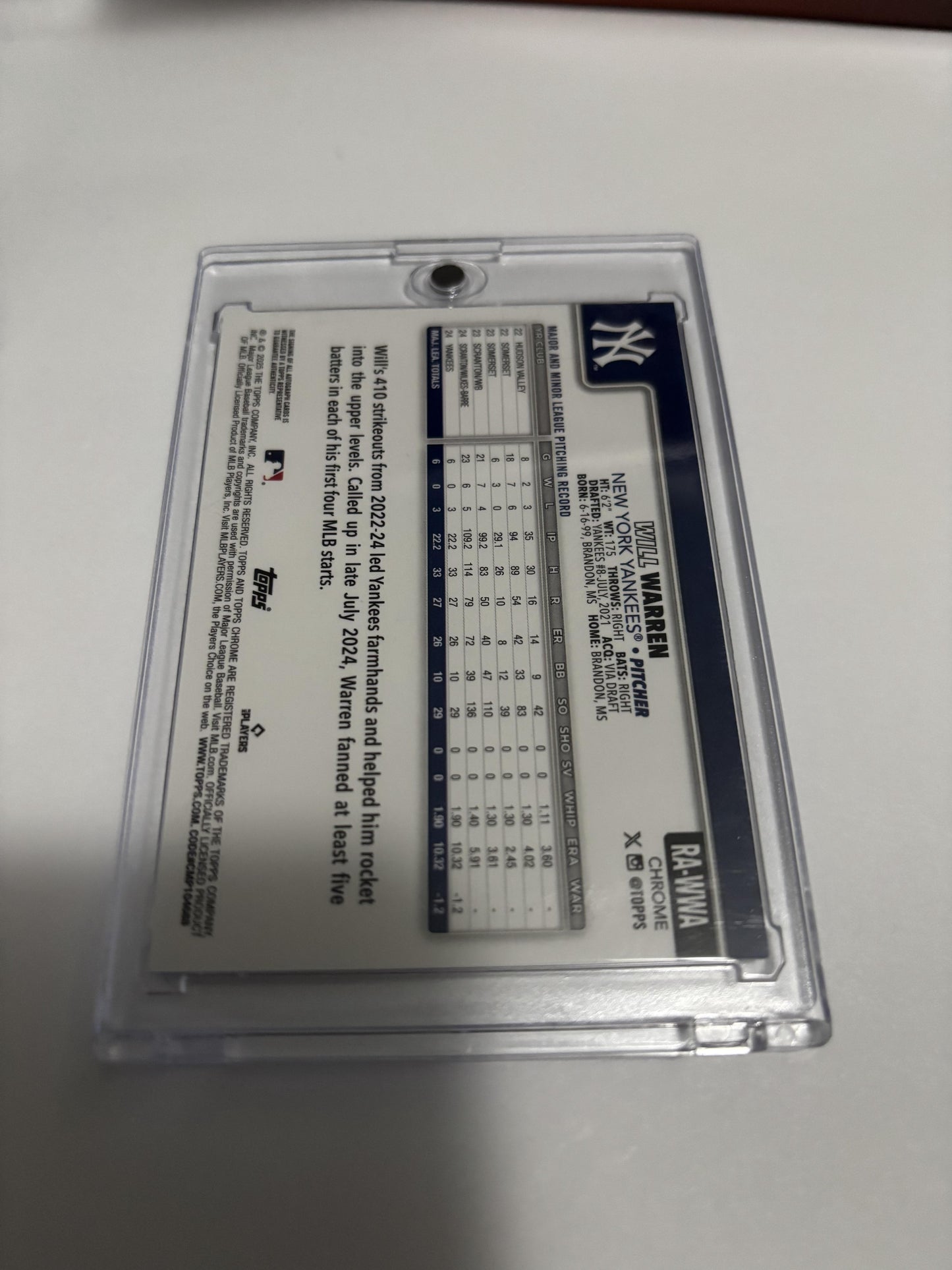 2024 Topps Chrome Will Warren Rookie Autograph Auto RC Yankees #RA-WWA