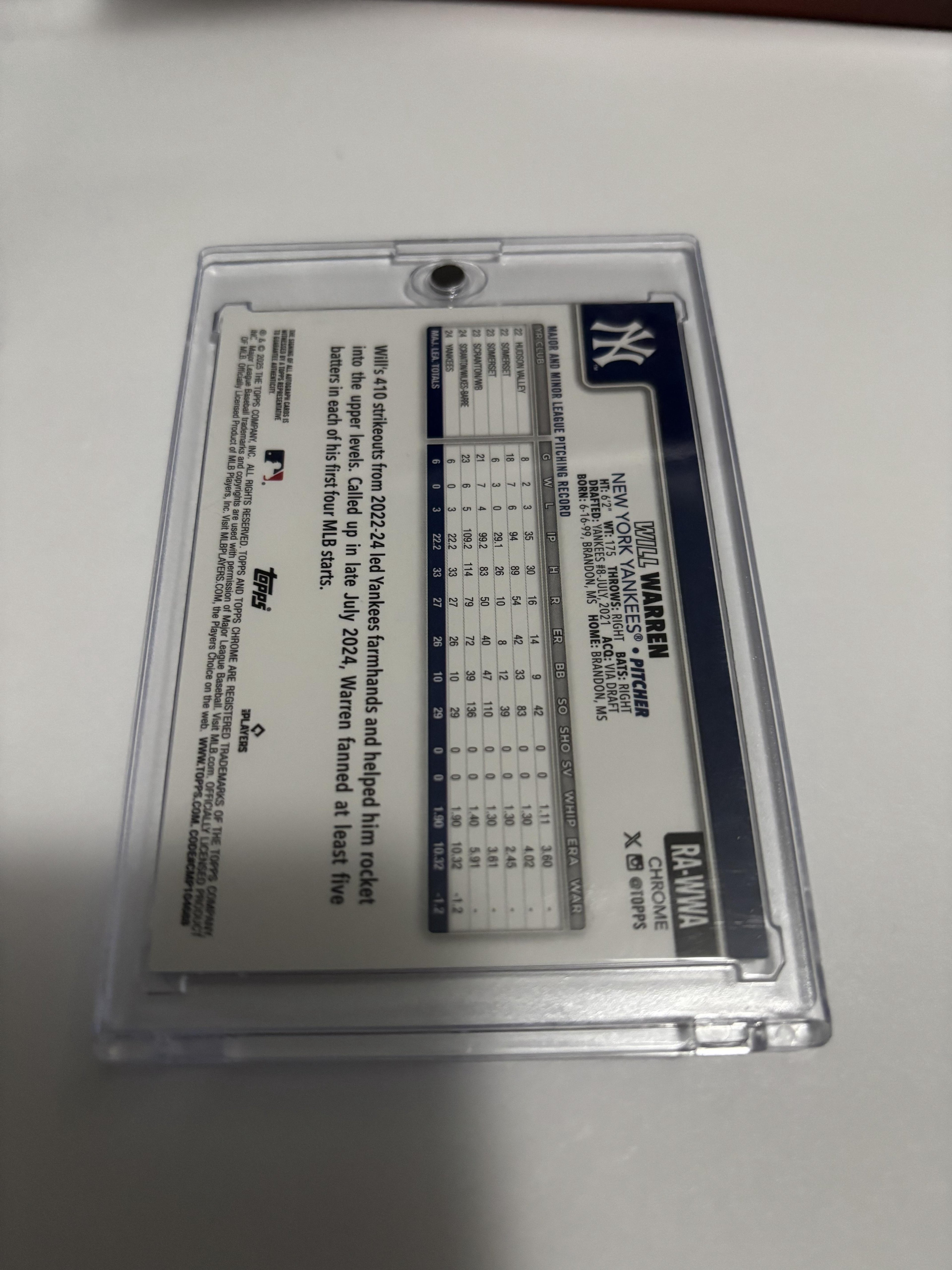 2024 Topps Chrome Will Warren Rookie Autograph Auto RC Yankees #RA-WWA