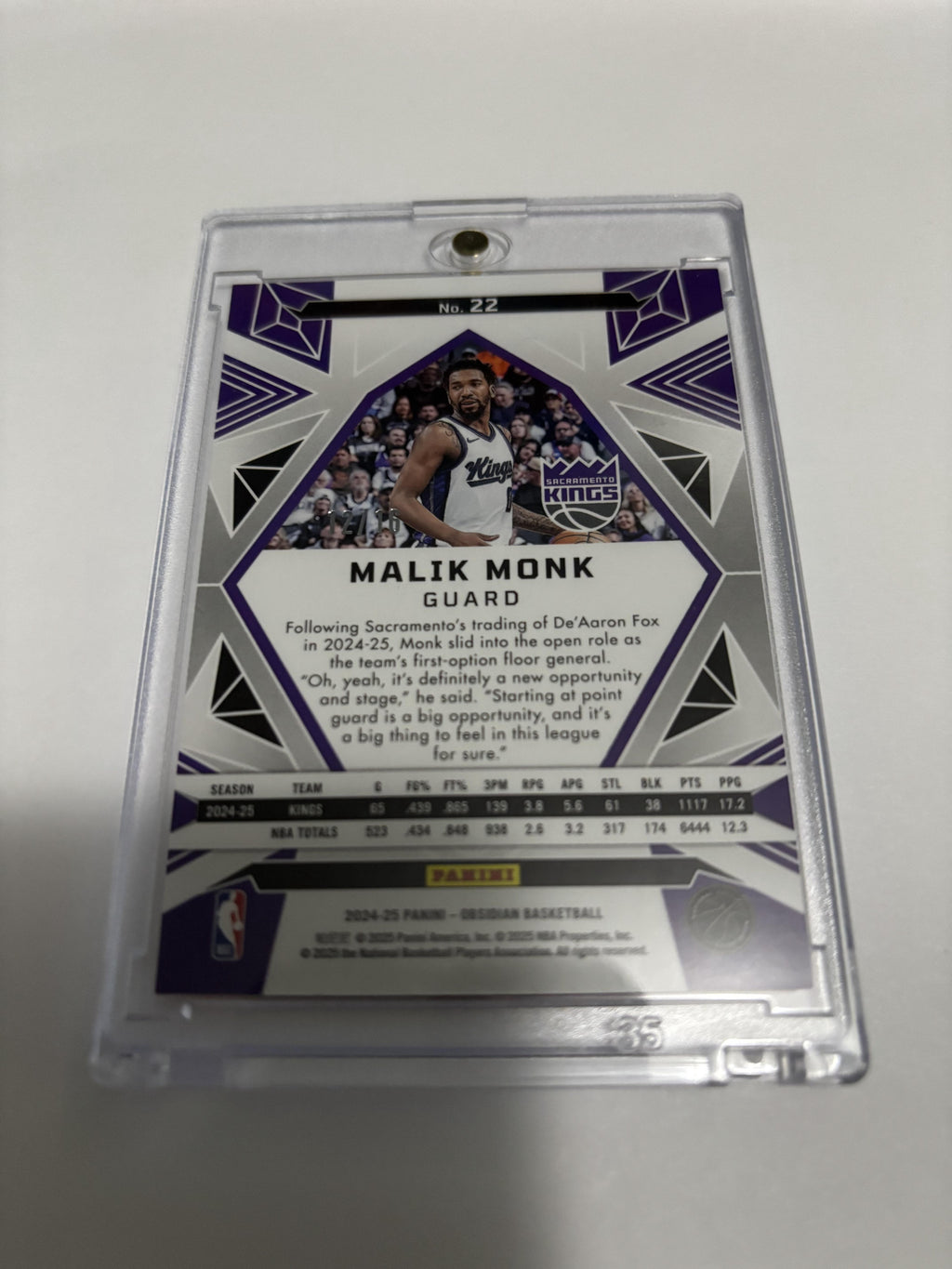 2024-25 Panini Obsidian Malik Monk Purple Flood Etch /75 Kings Color Match #22