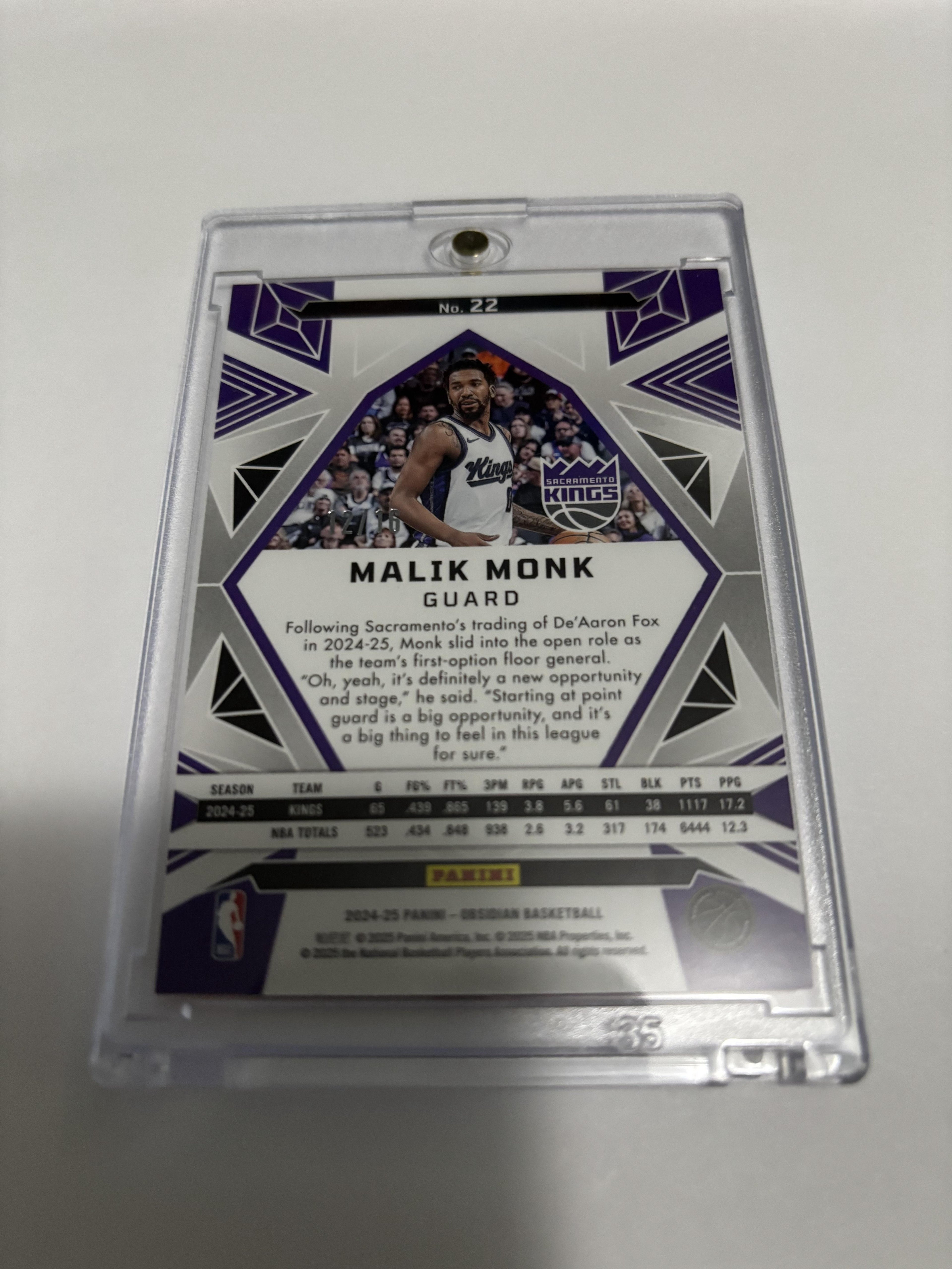 2024-25 Panini Obsidian Malik Monk Purple Flood Etch /75 Kings Color Match #22