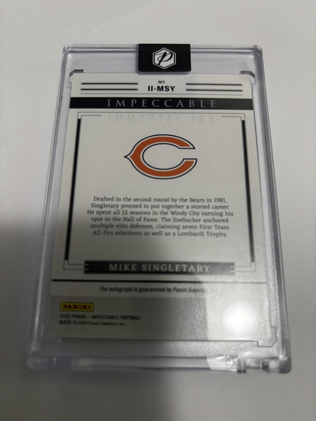 2025 Panini Impeccable Mike Singletary Immortal Ink On-Card Auto Bears /75