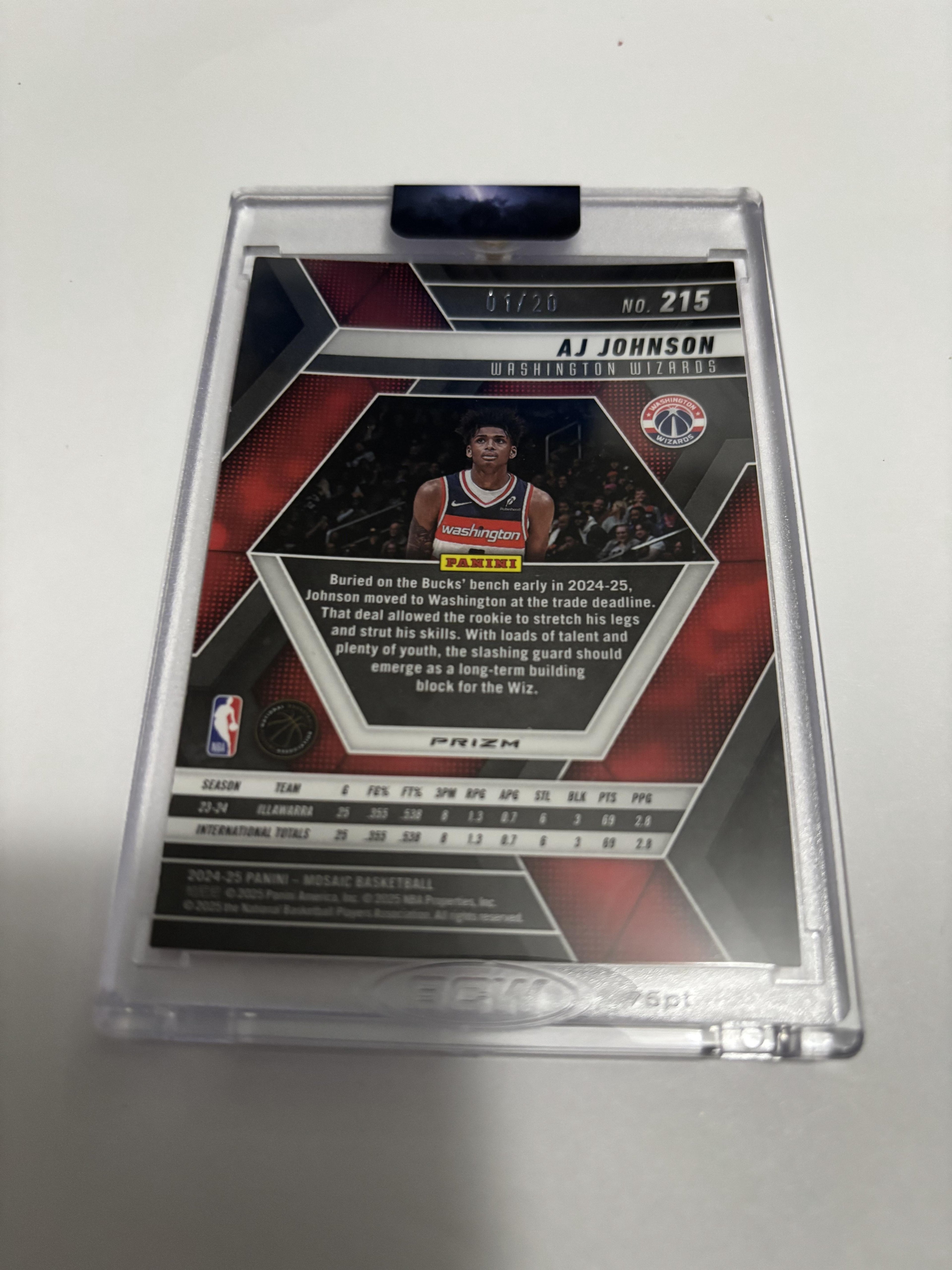 2024-25 Panini Mosaic AJ Johnson Pink Cherry Blossom Prizm RC /20 Wizards #215