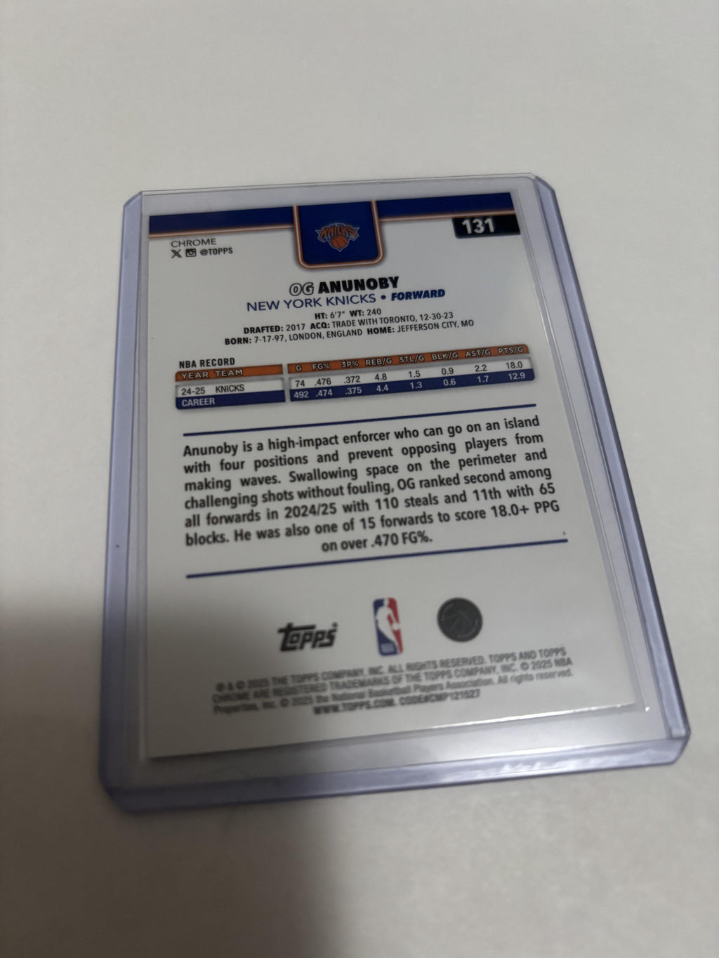 2025-26 Topps Chrome OG Anunoby Purple Wave /75 #131 New York Knicks