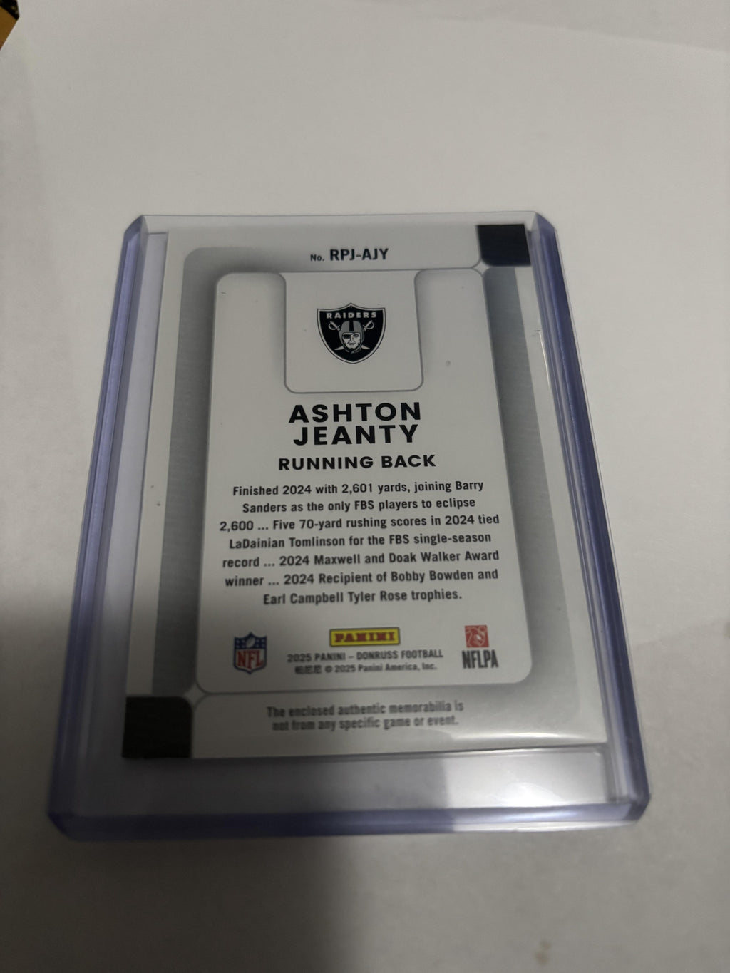 2025 Donruss Ashton Jeanty Phenom Rookie Jersey Relic #RPJ-AJY Raiders RC
