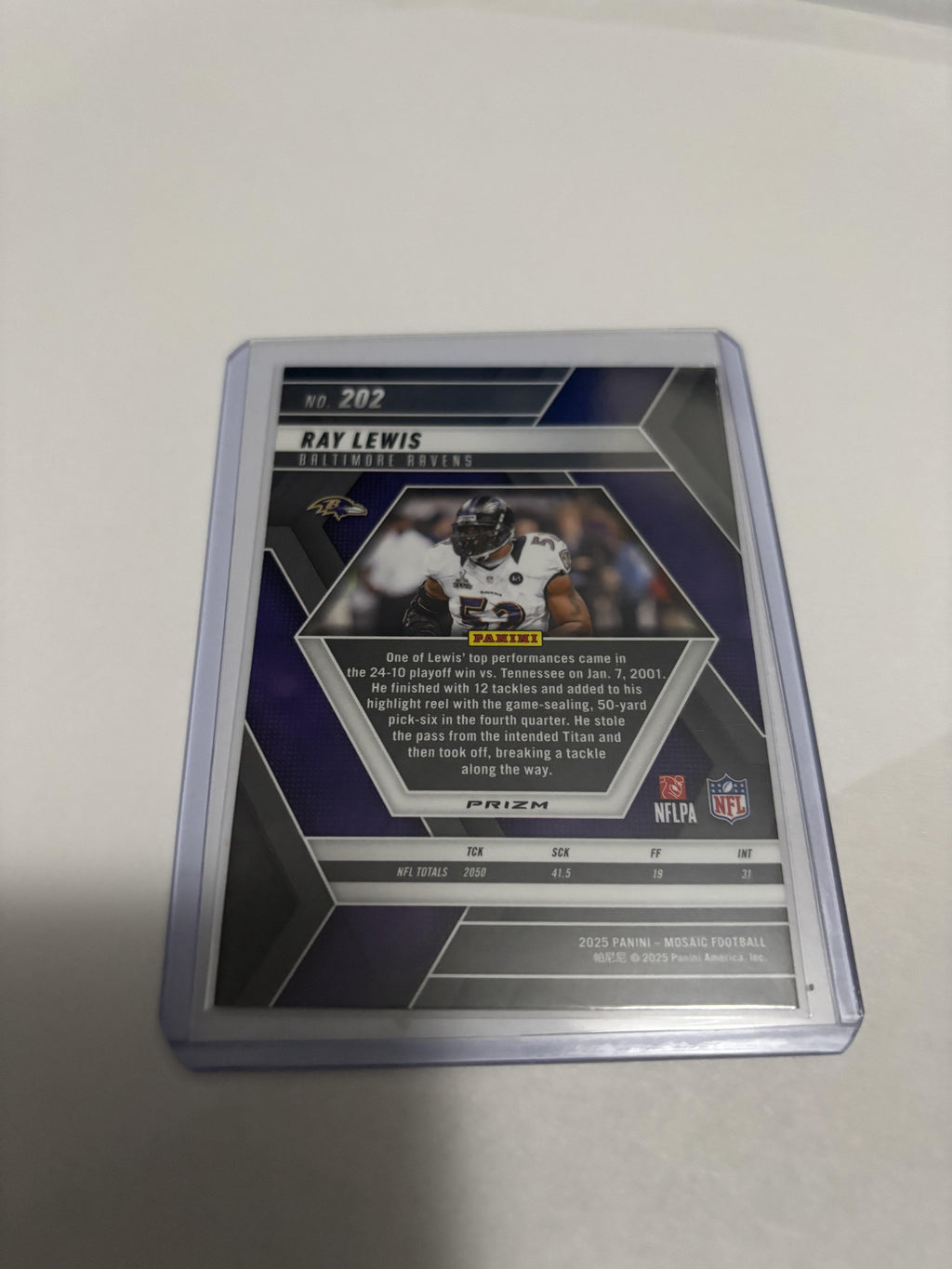2025 Panini Mosaic Ray Lewis Reactive Purple Prizm #202 Baltimore Ravens HOF