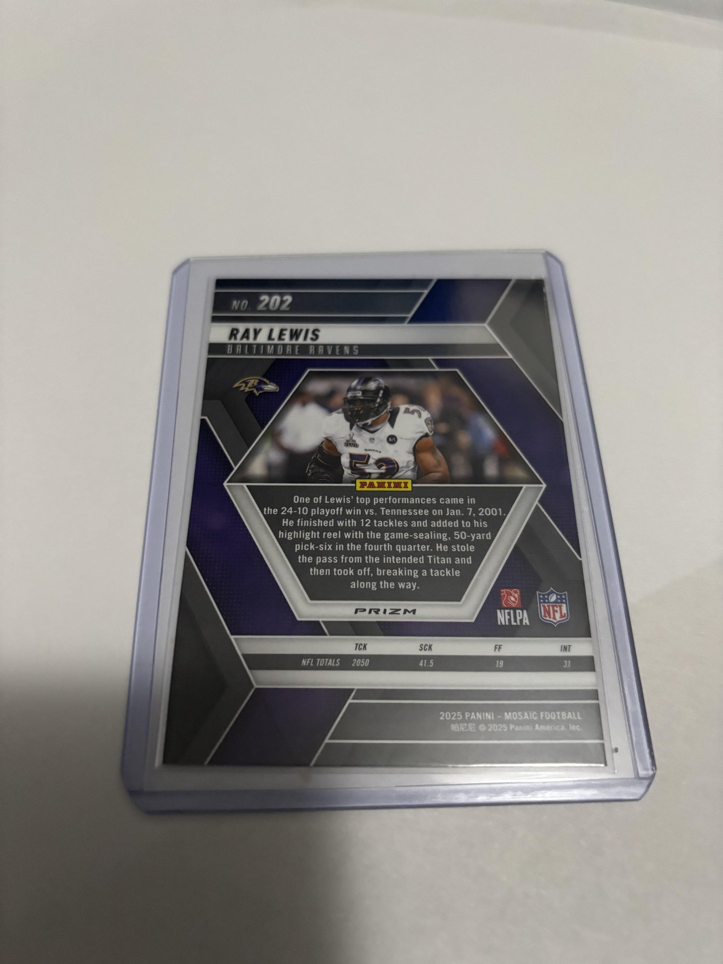 2025 Panini Mosaic Ray Lewis Reactive Purple Prizm #202 Baltimore Ravens HOF