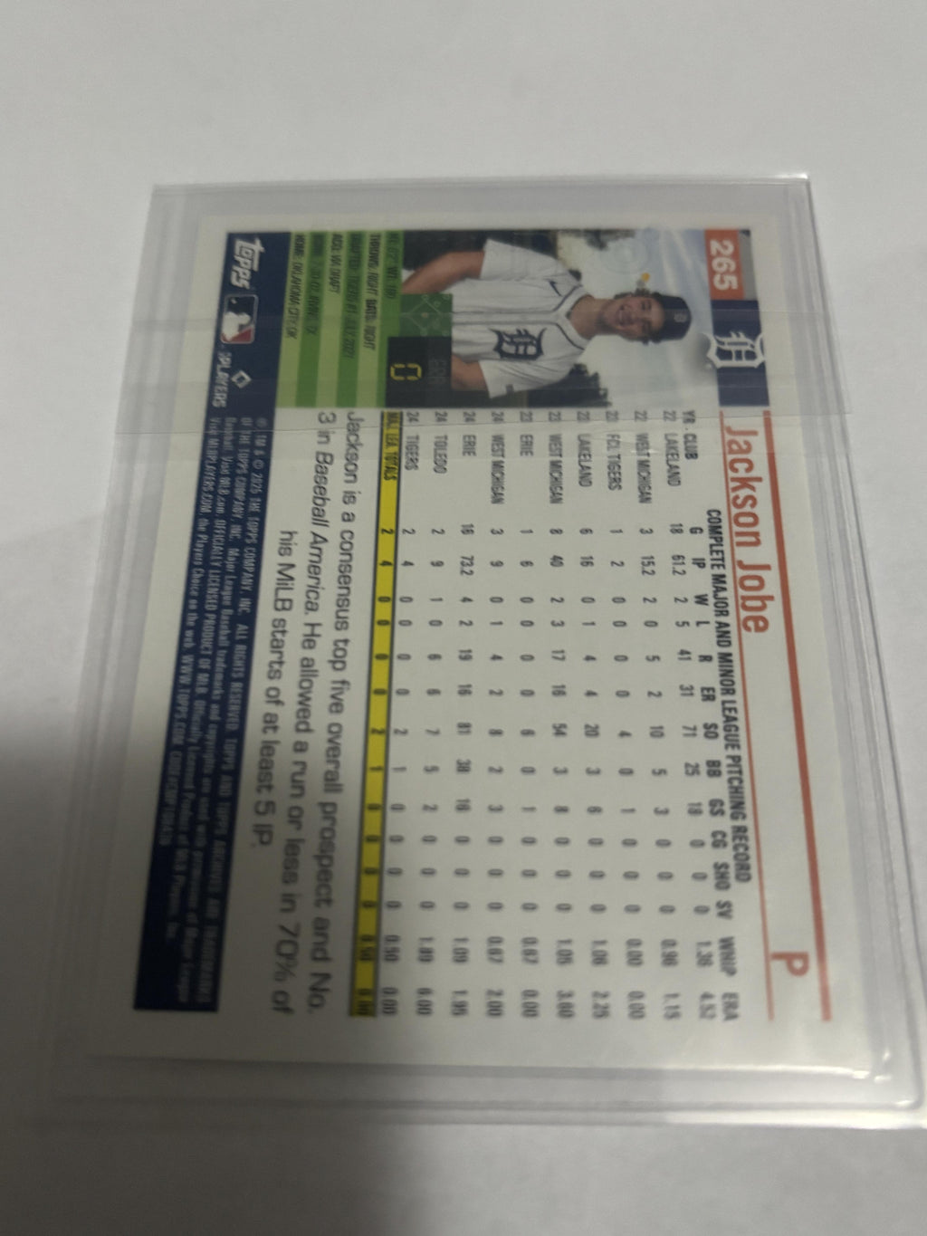 2025 Topps Archives Jackson Jobe #265 Detroit Tigers Rookie Card RC
