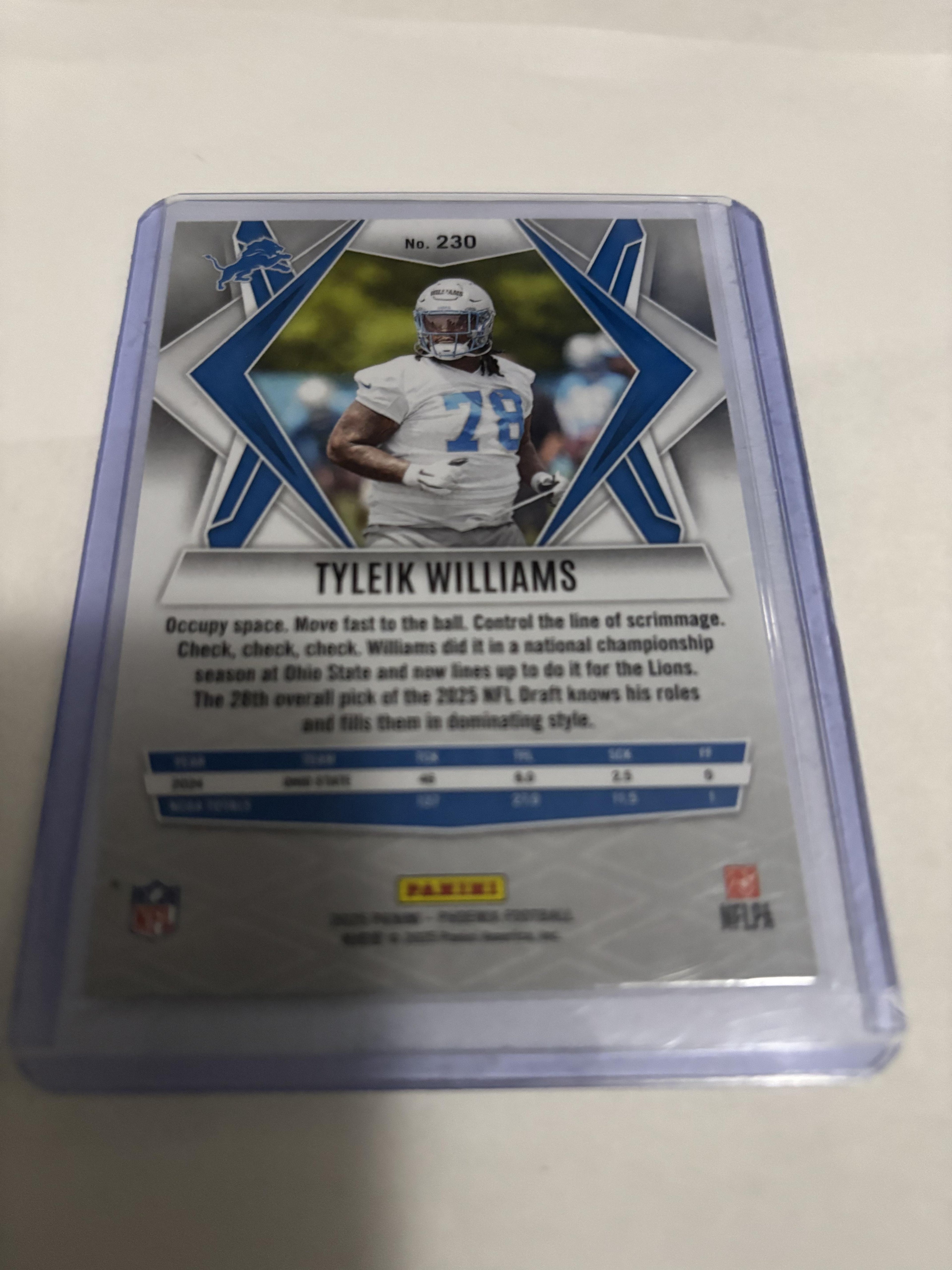 2025 Panini Phoenix Tyleik Williams Lazor Prizm #230 Detroit Lions RC