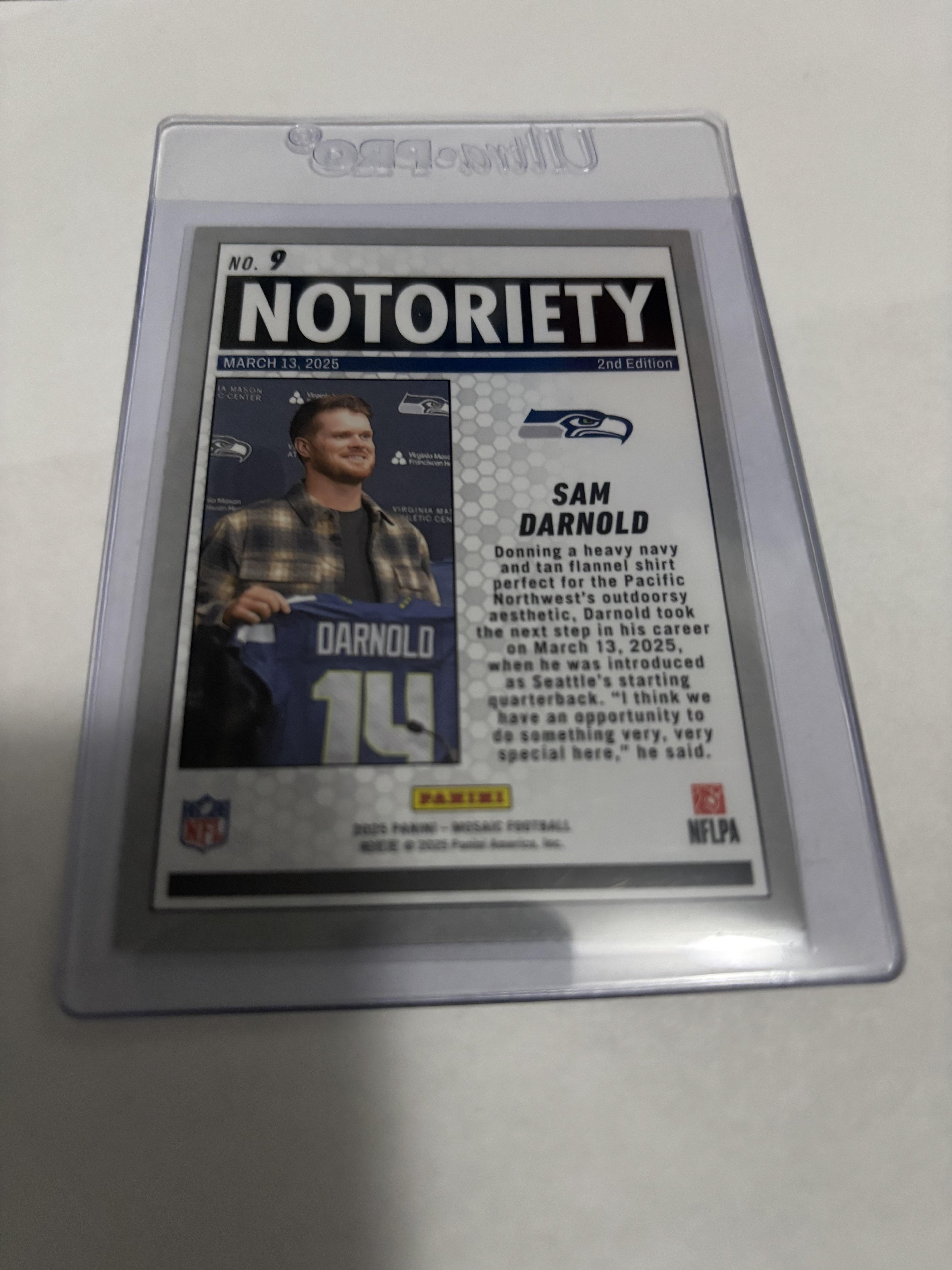 Sam Darnold 2025 Panini Mosaic Notoriety #9 Seattle Seahawks Foil Insert