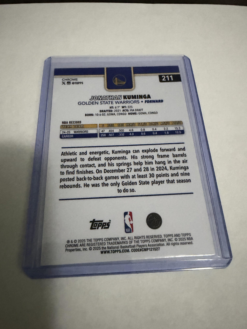 2025 Topps Chrome Jonathan Kuminga Red White Blue Refractor No. 211 Warriors