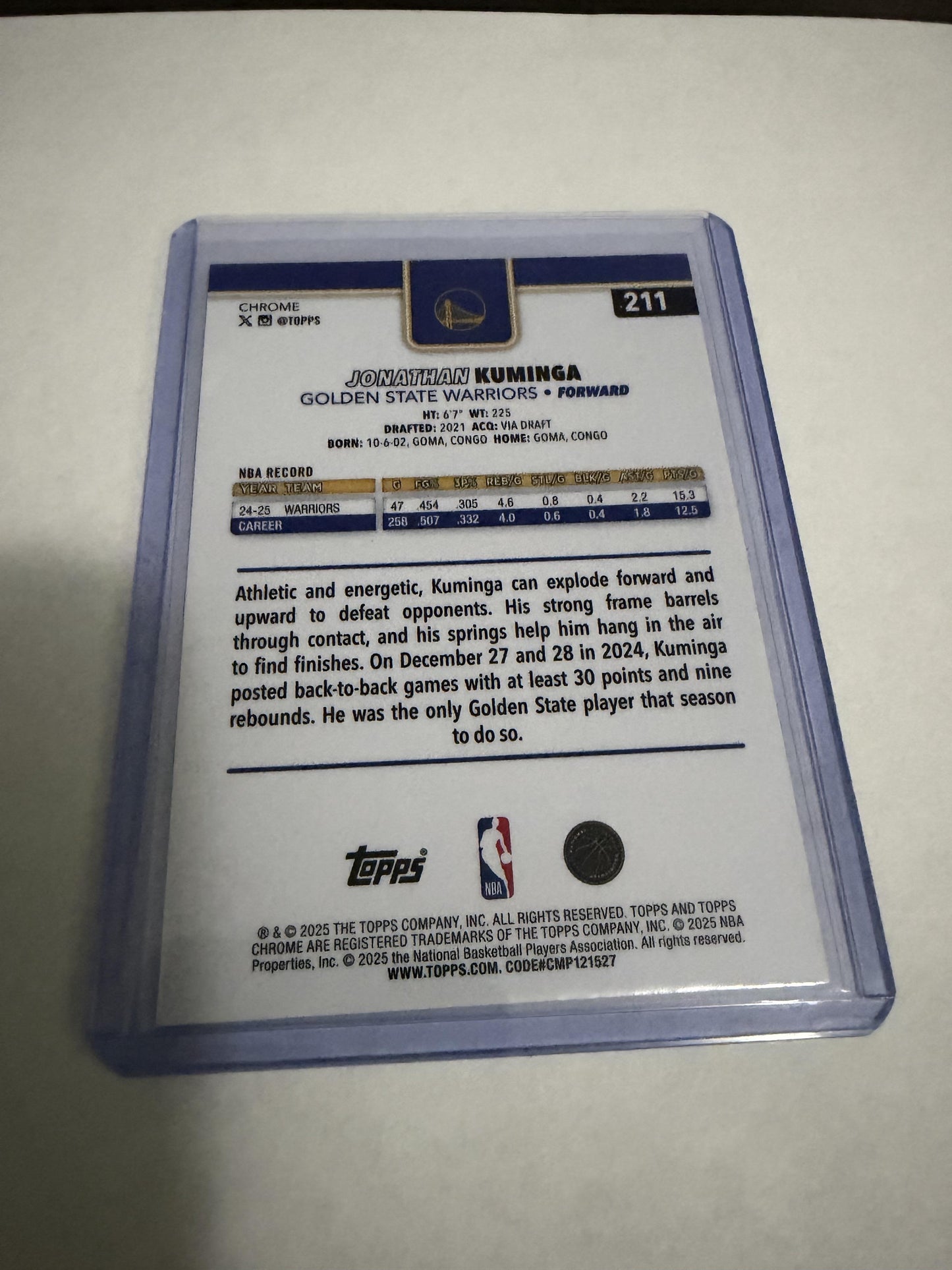 2025 Topps Chrome Jonathan Kuminga Red White Blue Refractor No. 211 Warriors