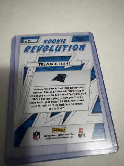 2025 Donruss Trevor Etienne Rookie Revolution Blue Prizm RC #28 Panthers