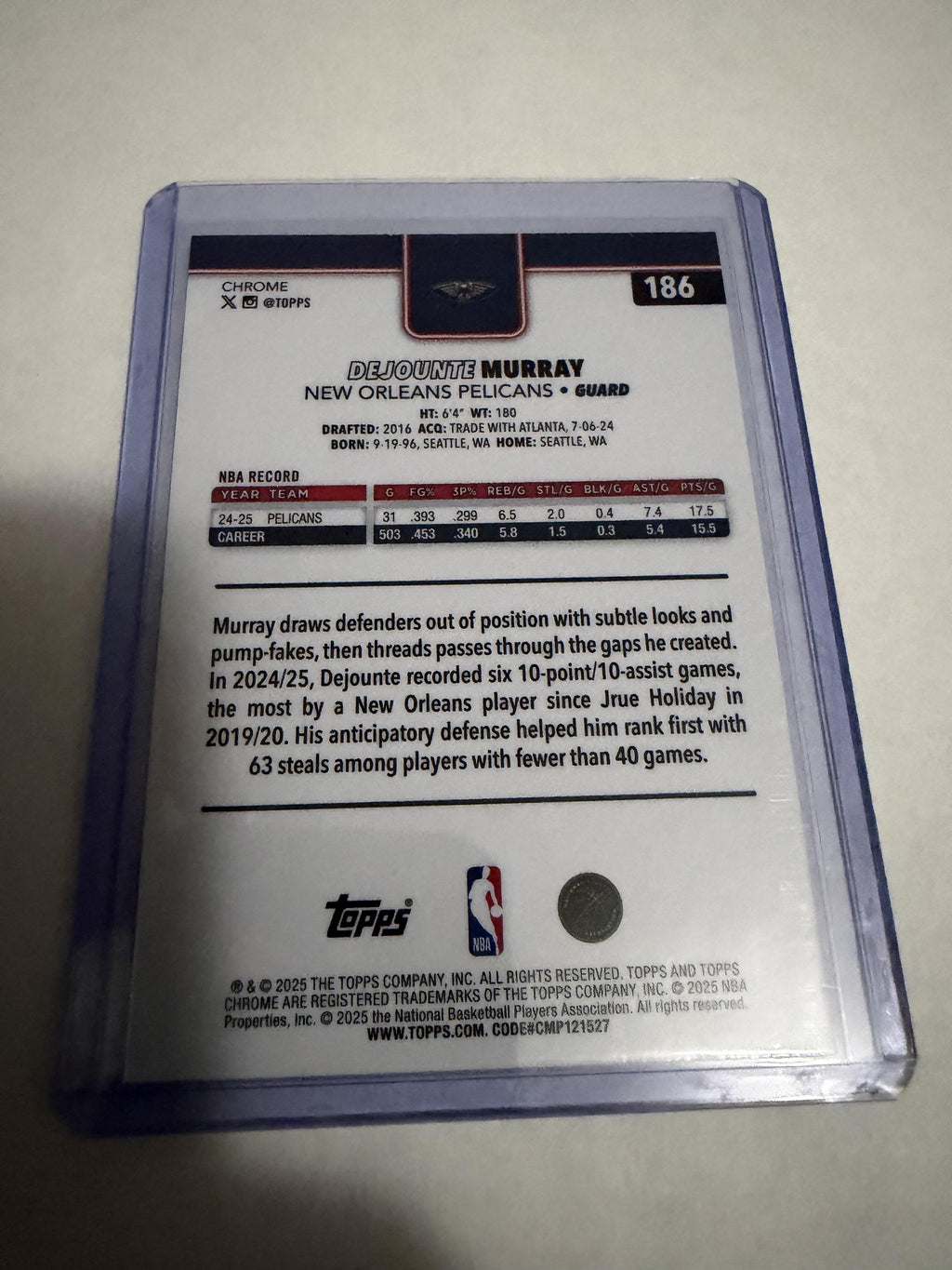 2025 Topps Chrome Dejounte Murray #186 New Orleans Red White Blue Parallel