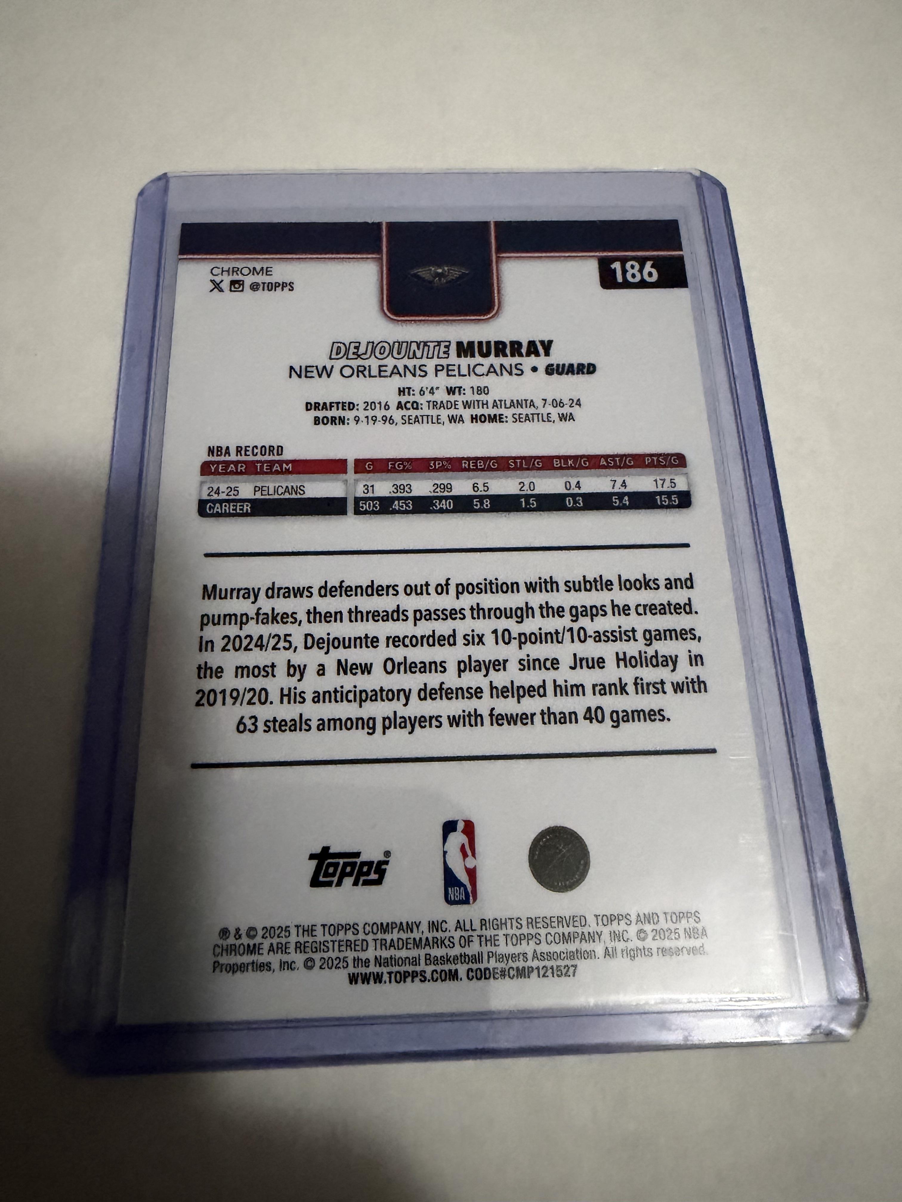 2025 Topps Chrome Dejounte Murray #186 New Orleans Red White Blue Parallel