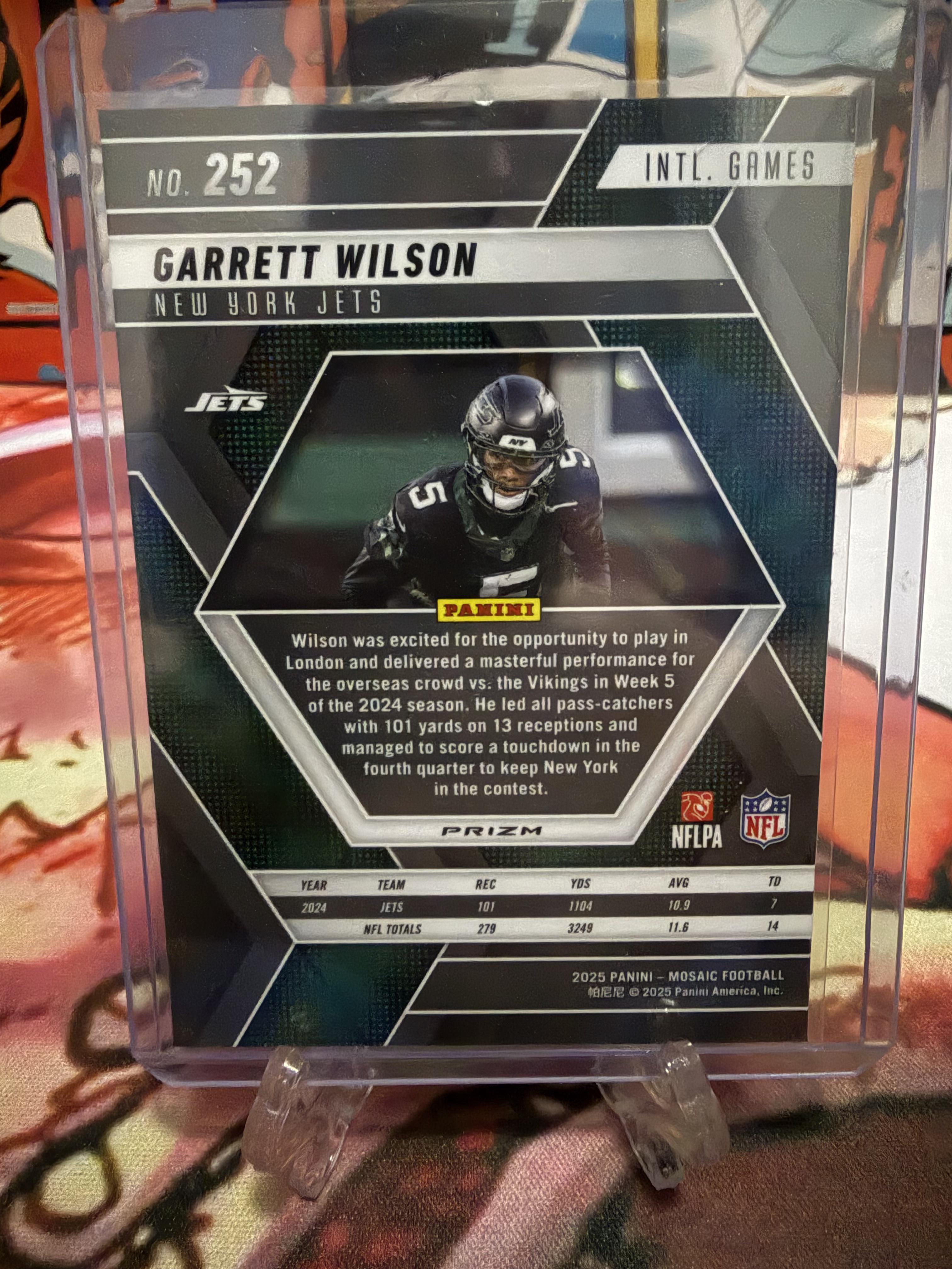 2025 Panini Mosaic Garrett Wilson ENGLAND GAMES Purple Parallel #252 Jets