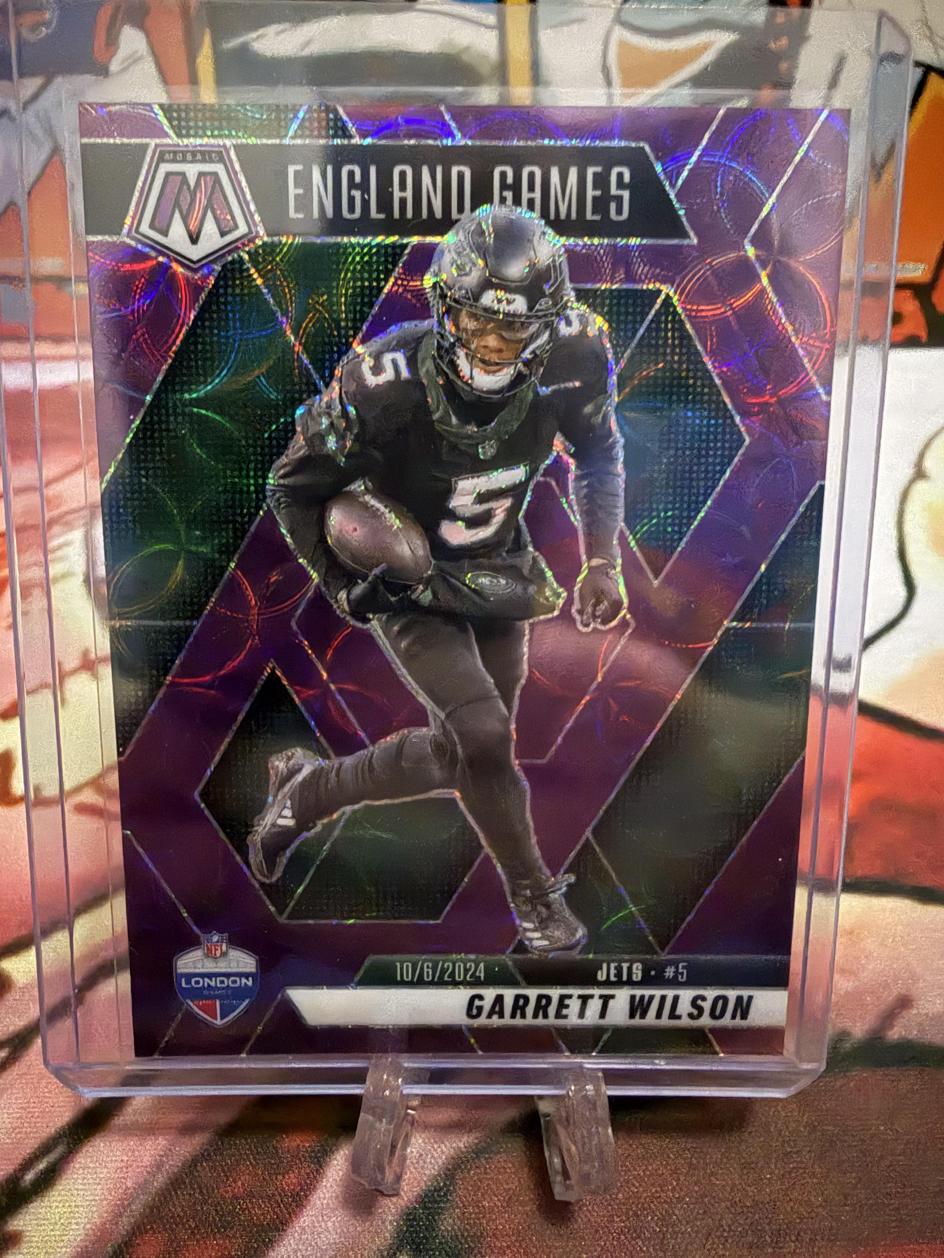 2025 Panini Mosaic Garrett Wilson ENGLAND GAMES Purple Parallel #252 Jets