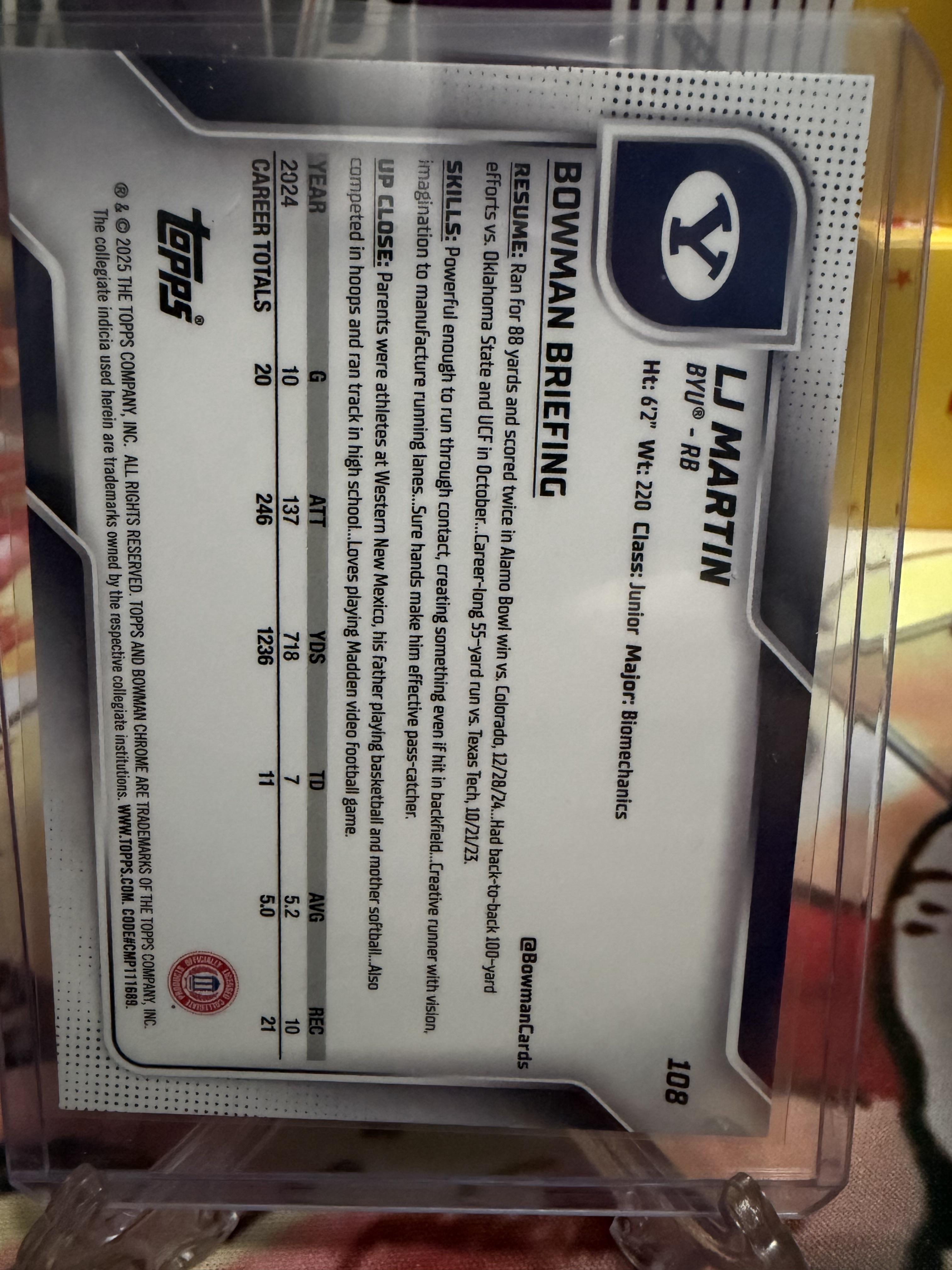 2025 Bowman Chrome U LJ Martin 1st Bowman Purple Refractor /250 #108 BYU RC