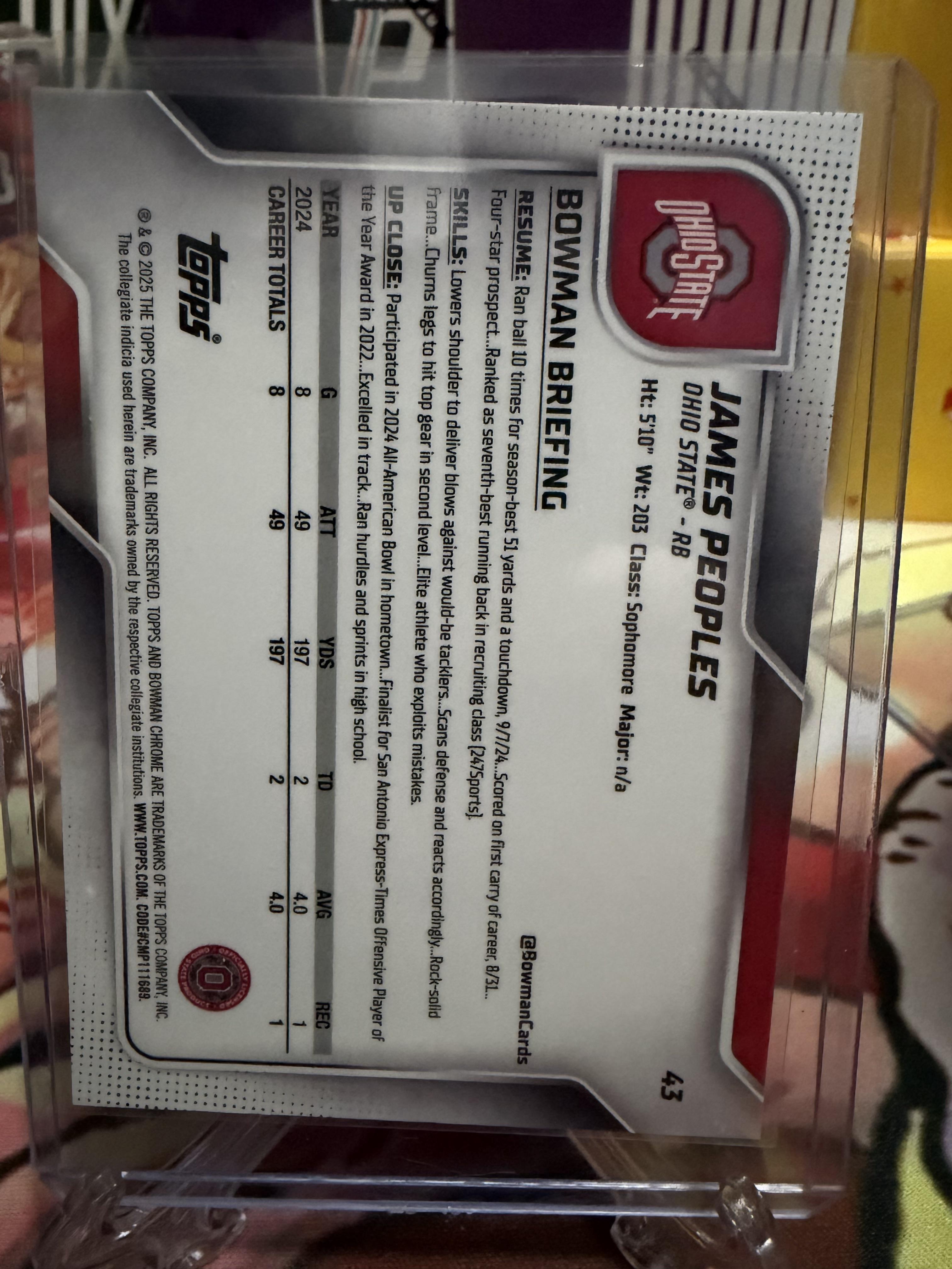 2025 Bowman Chrome University James Peoples 1st Bowman Yellow Shimmer /350