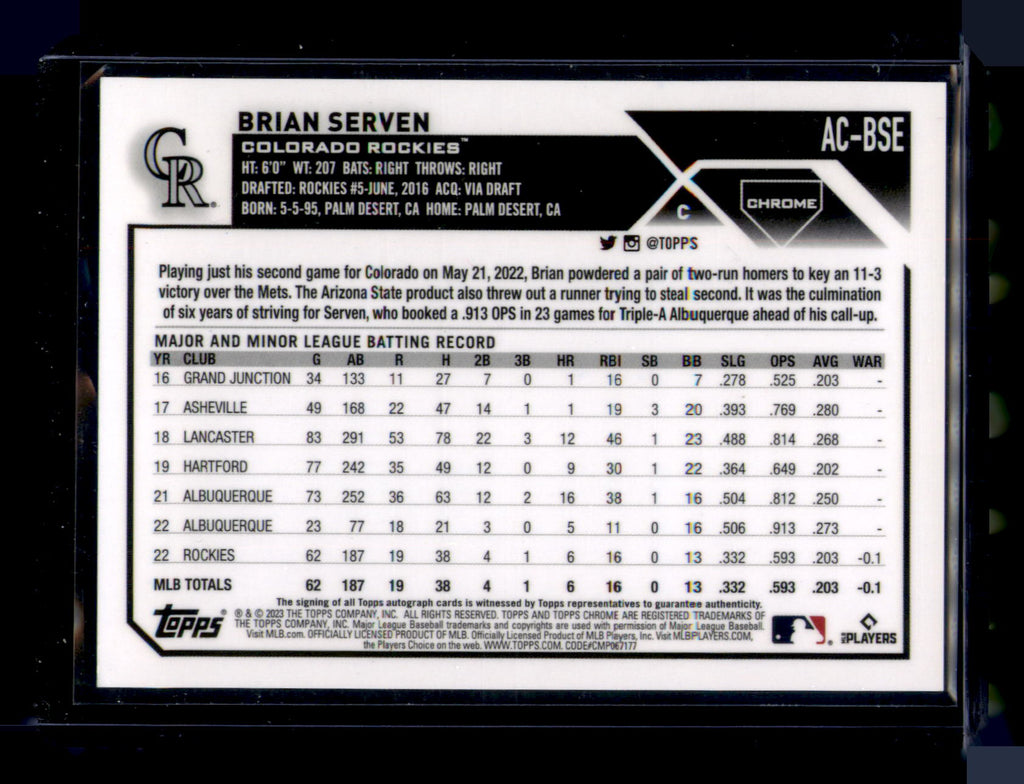 2023 Topps Chrome Brian Serven Rookie Auto Autograph RC #AC-BSE Rockies