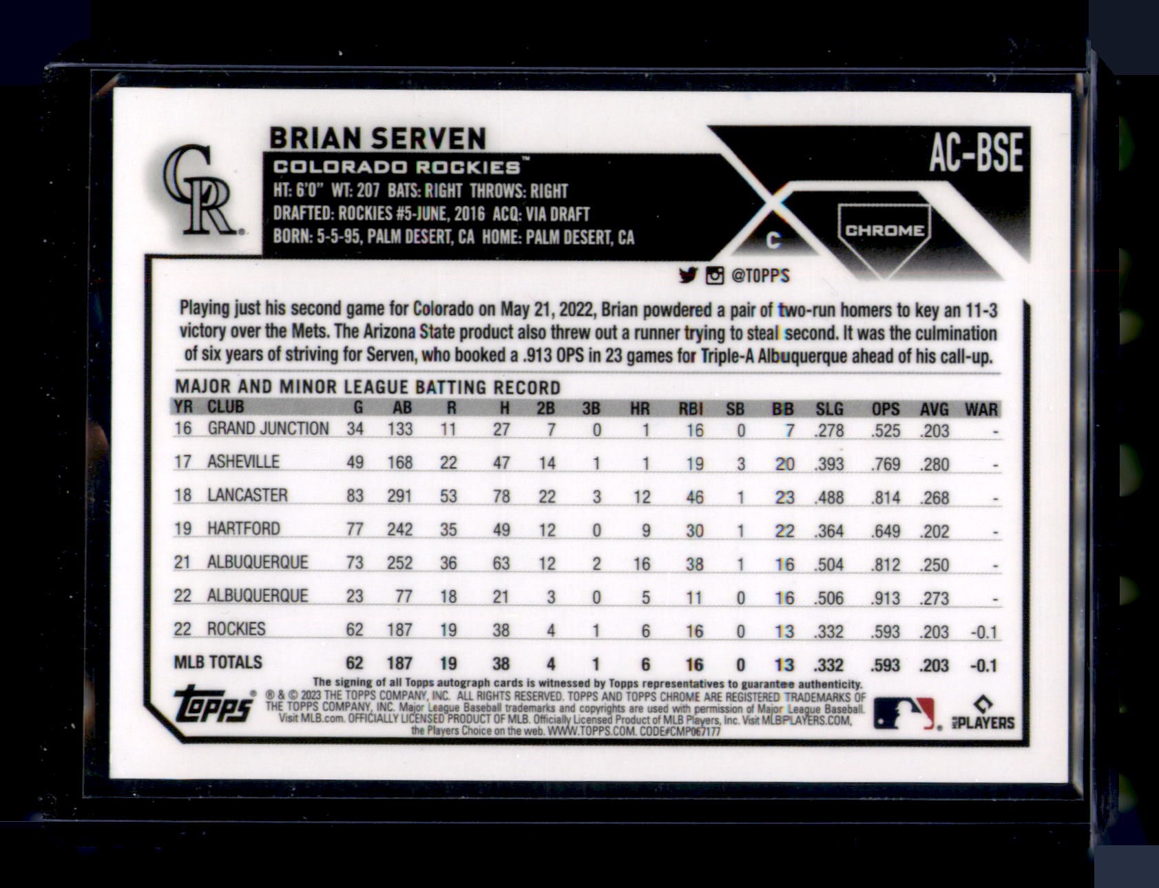 2023 Topps Chrome Brian Serven Rookie Auto Autograph RC #AC-BSE Rockies
